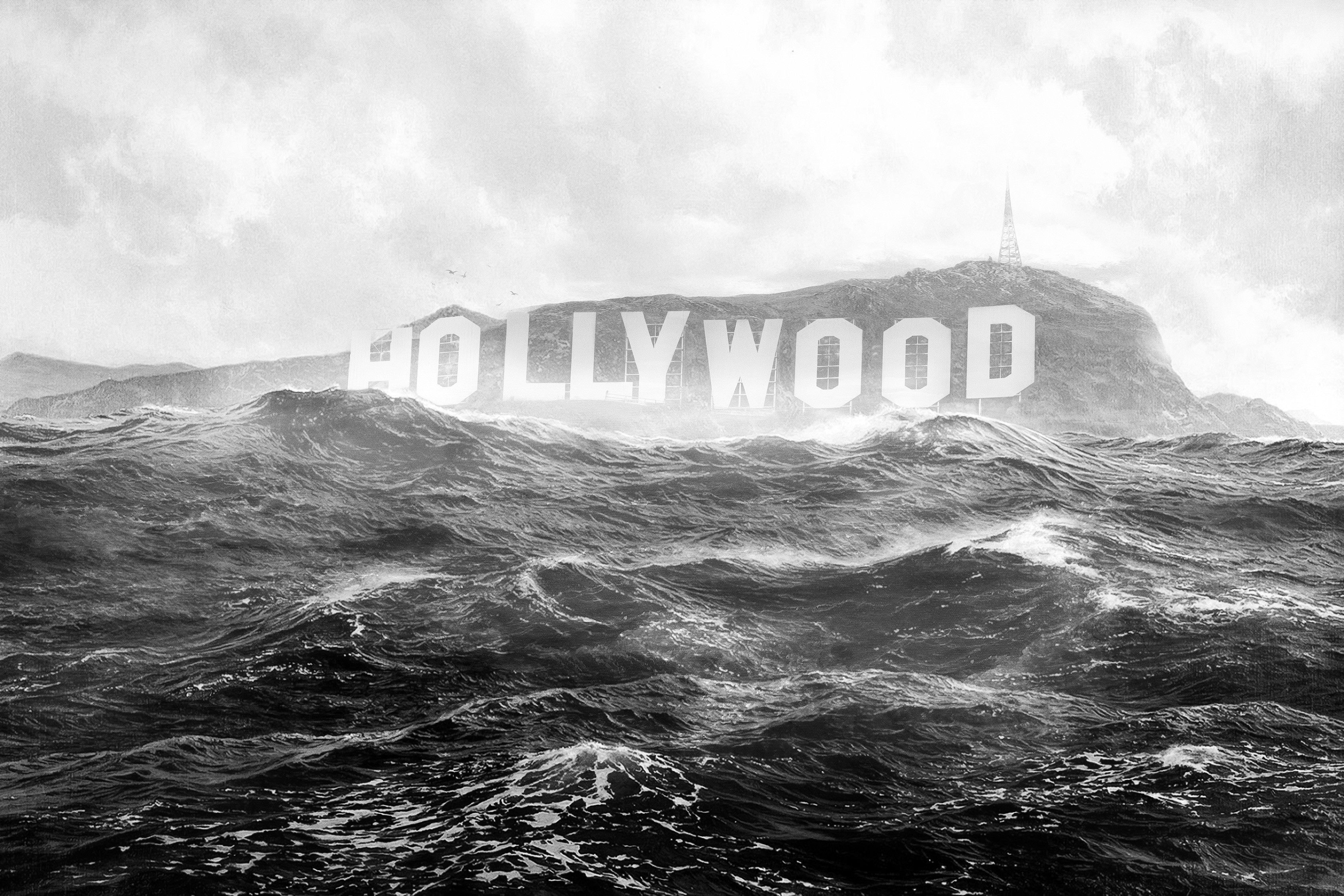 Hollywood Sign Digital Art Apocalyptic Waves Sea Flood Mist 3375x2250