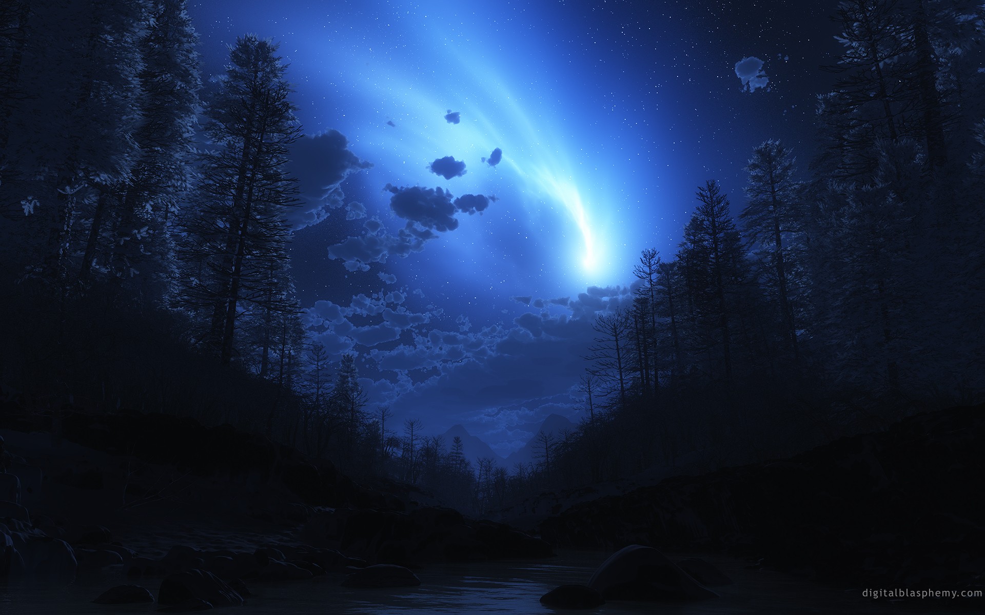 Night Sky Landscape Forest Trees Moonlight Stars Digitalblasphemy 1920x1200