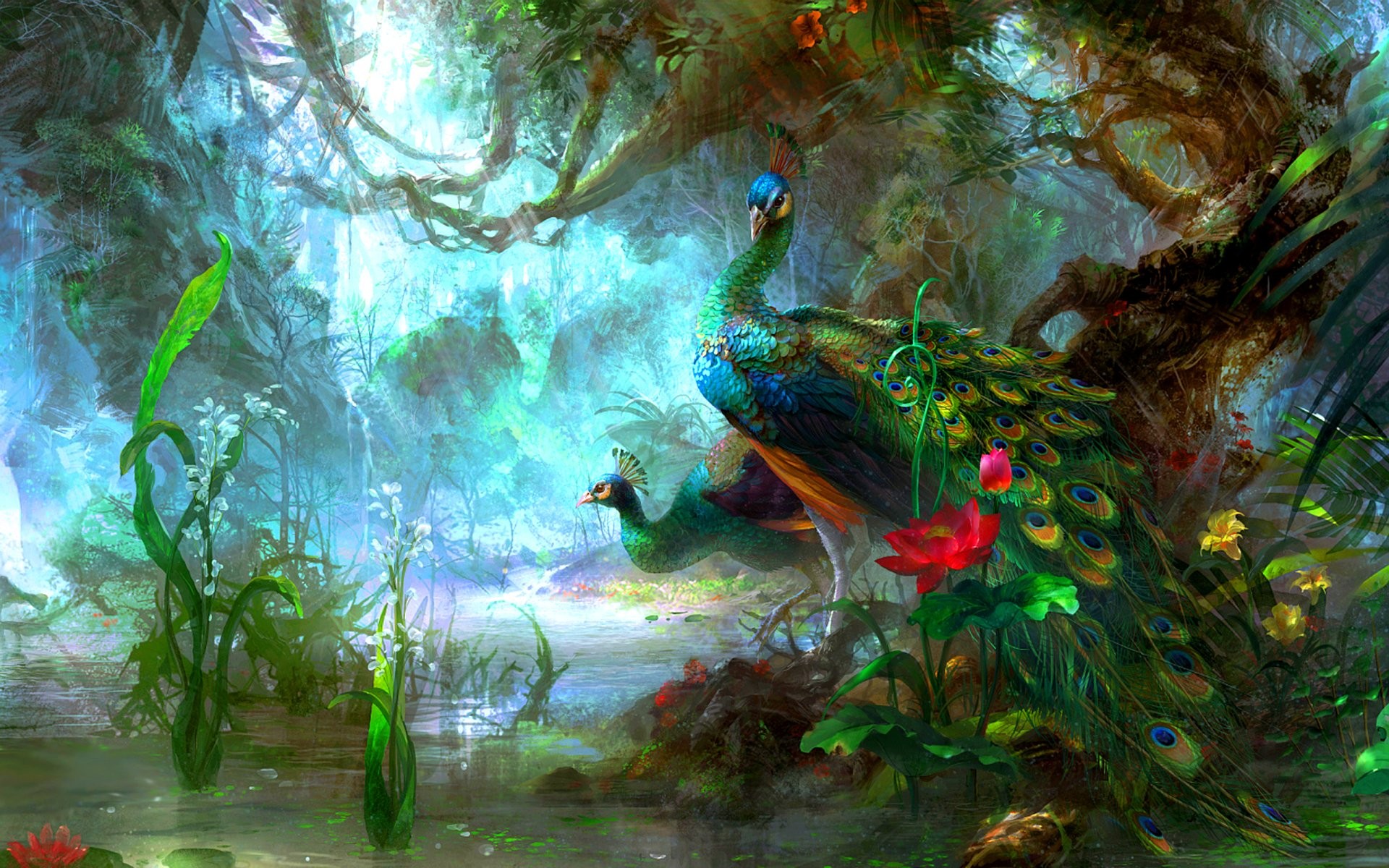 Birds Colorful Flowers Forest Green Peacocks Trees Cyan Artwork 1920x1200