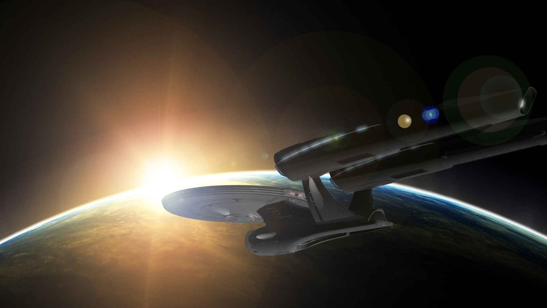 Space Star Trek USS Enterprise Spaceship Star Trek Kelvin Timeline Planet Sunrise Orbital View 1920x1080