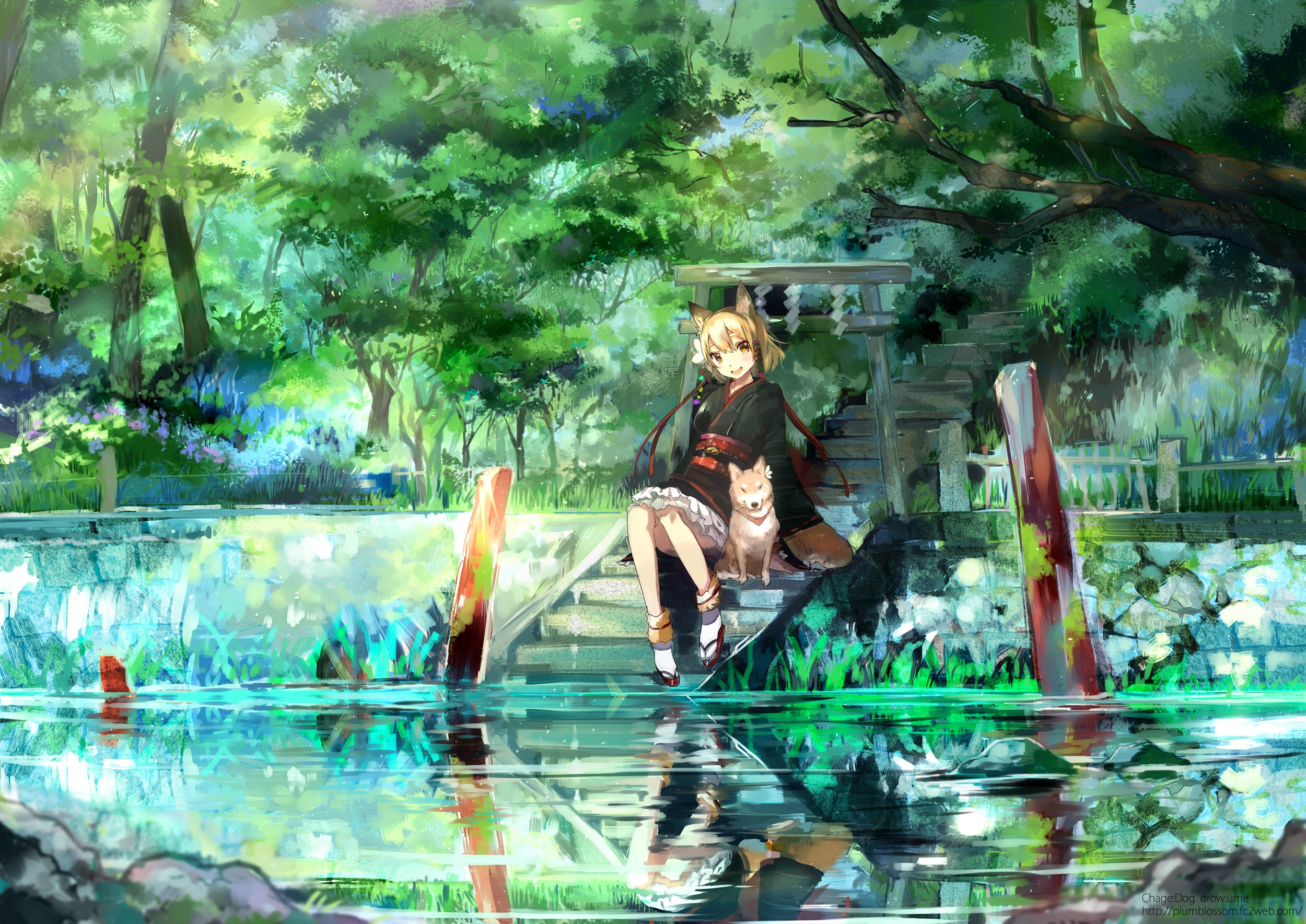 Anime Girls Original Characters Long Hair Inumimi Dog Japanese Clothes Nature Water Forest Tori Land 2500x1769