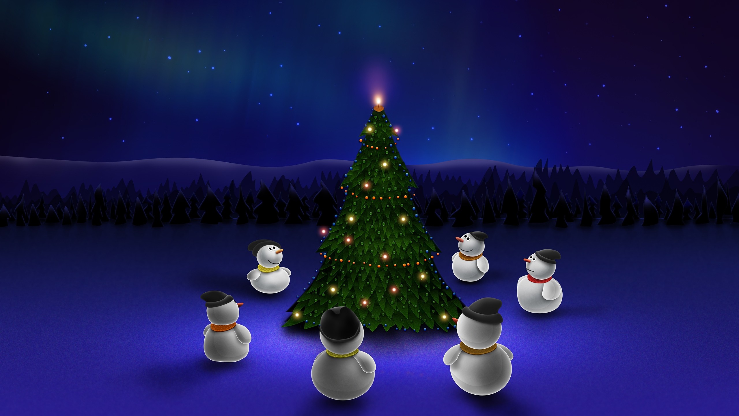 Christmas Snowmen Christmas Tree Trees Stars Christmas Lights 2560x1440
