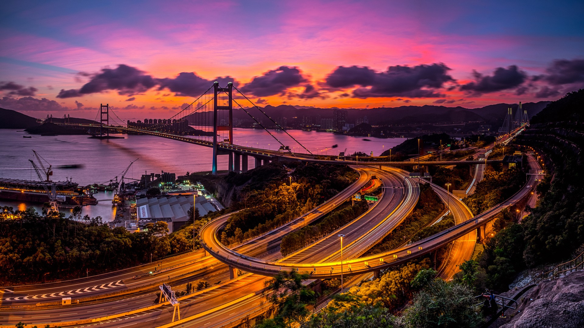 City Long Exposure Street Bridge Hong Kong Victoria Harbour Freeway Highway Sunset 1920x1080