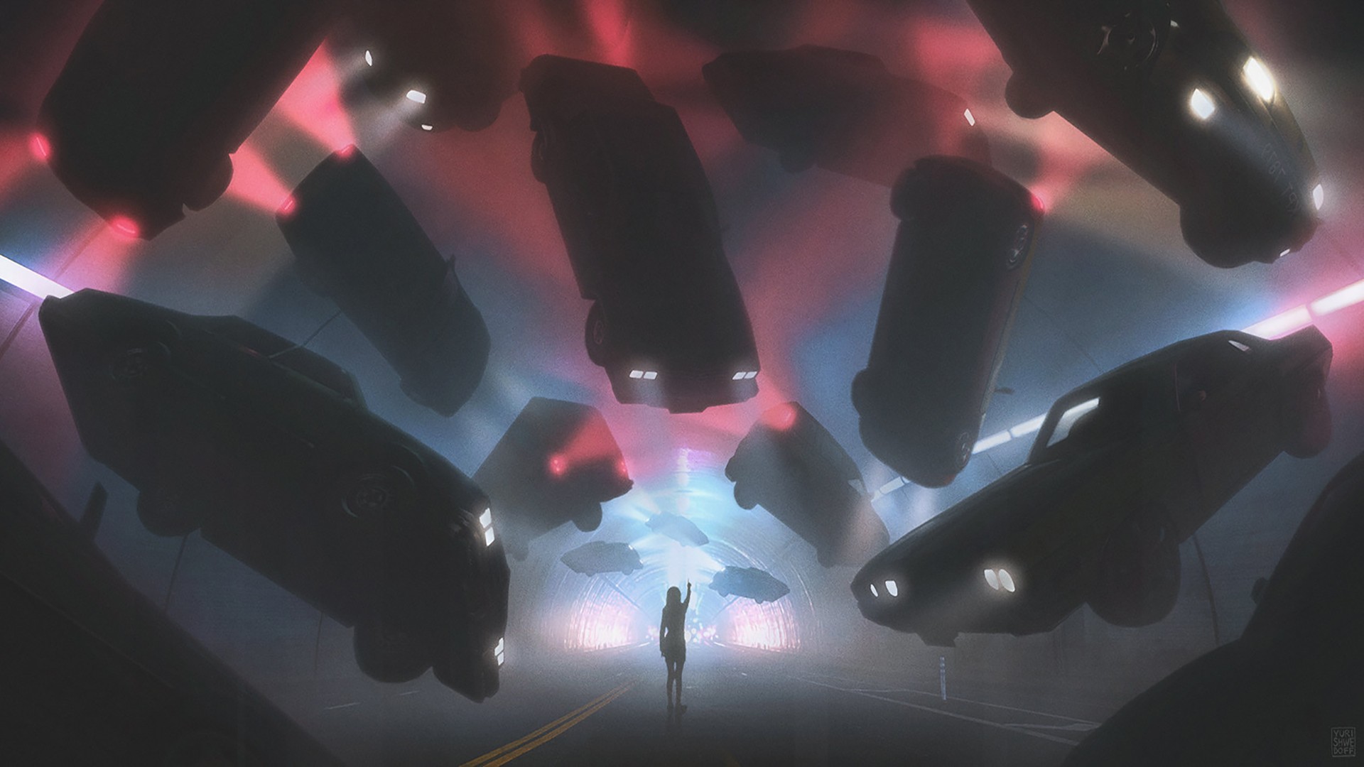 Artwork Fantasy Art Digital Art Car Floating Women Tunnel Science Fiction Force Pink Road Red Mist 1920x1080