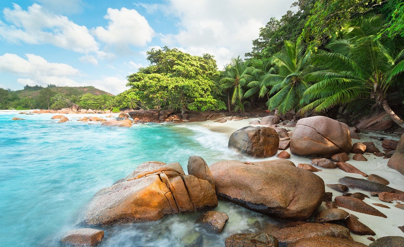 Photography Landscape Nature Beach Island Palm Trees Turquoise Sea Rock Eden Seychelles Tropical Sum 1300x796