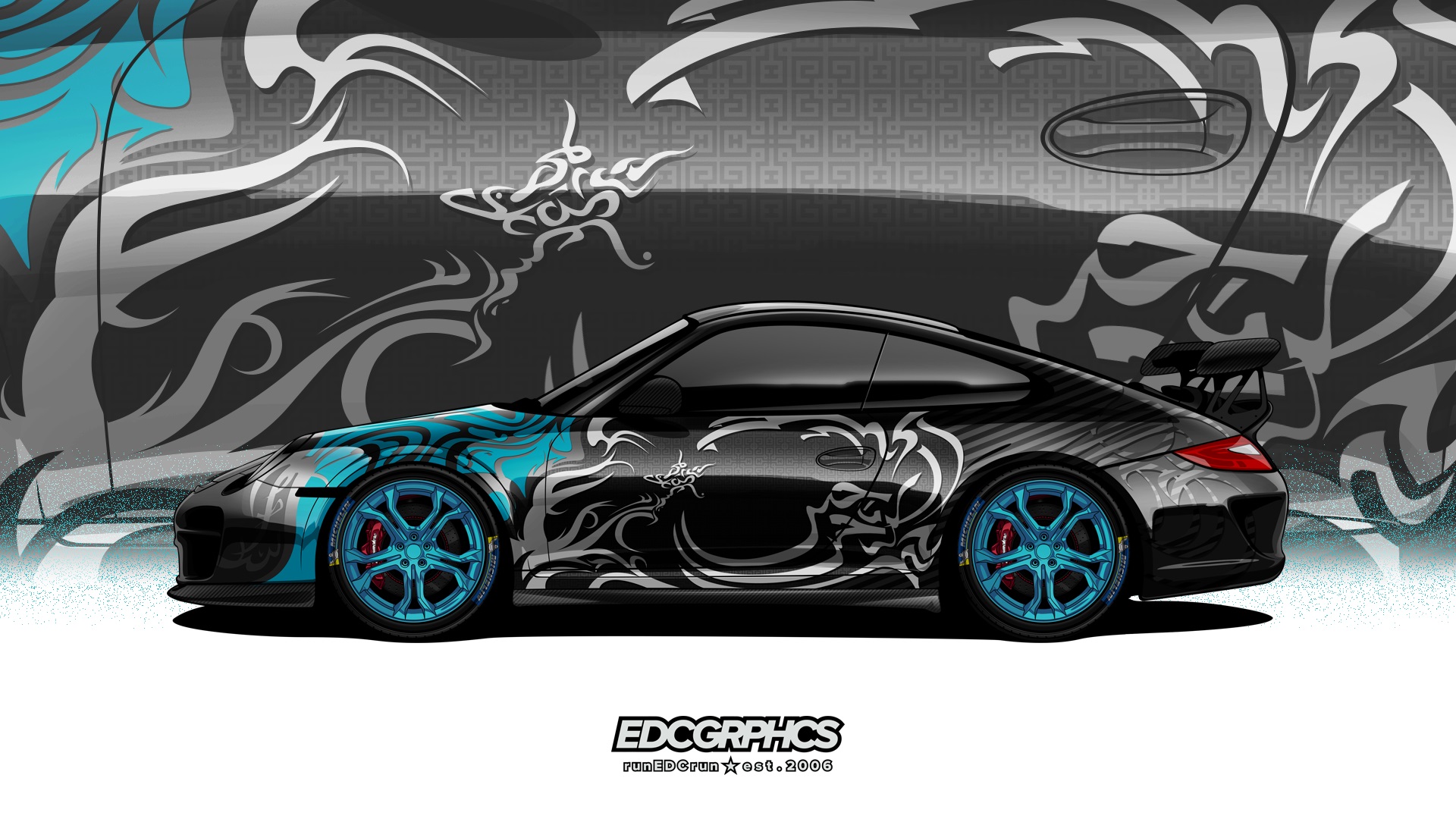 EDC Graphics Porsche 911 GT3 Render Porsche German Cars Cyan Side View Black Cars Colored Wheels 1920x1080