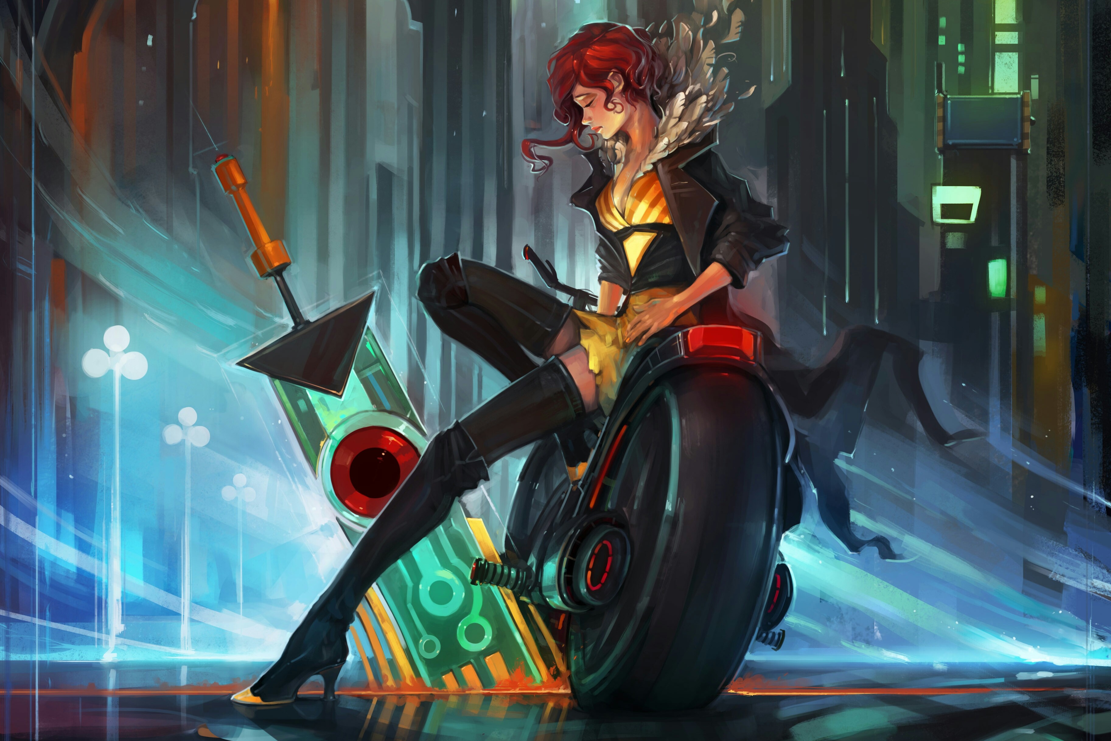 Transistor Red Transistor Supergiant Games Transistor Red Character Artwork Women Redhead Motorcycle 3651x2435
