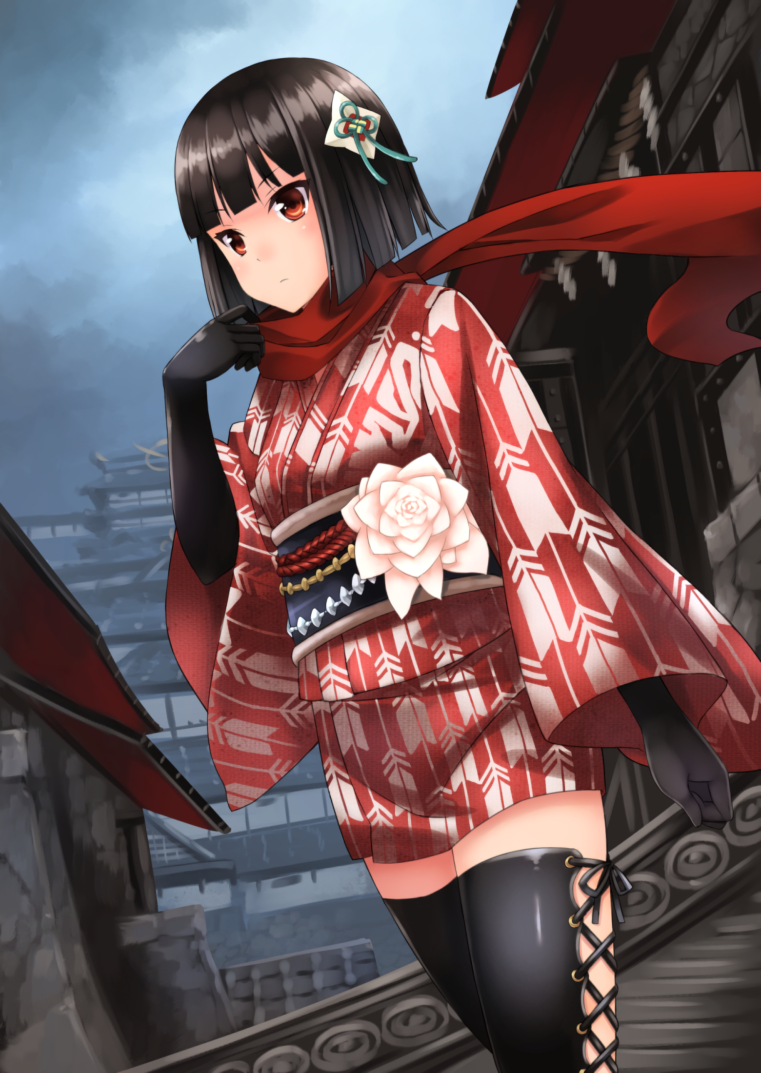 Anime Anime Girls Phantasy Star Online 2 Japanese Clothes Kimono Short Hair Black Hair Red Eyes Thig 1560x2200