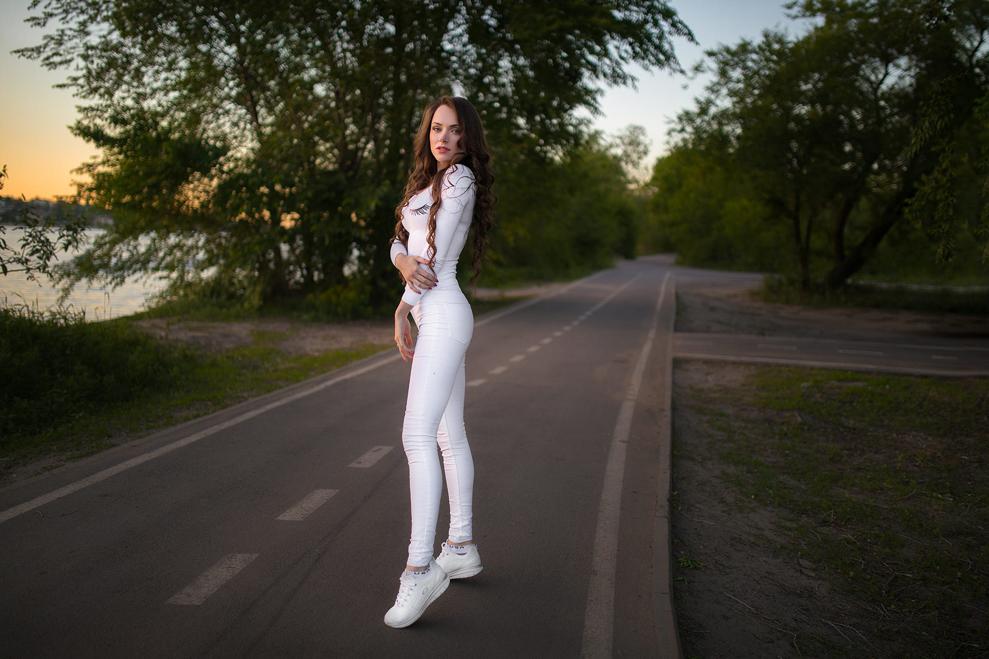 Women Road Sneakers White Clothing Trees Dmitry Sn Women Outdoors Long Hair Sunset Jeans Dmitry Shul 2000x1333
