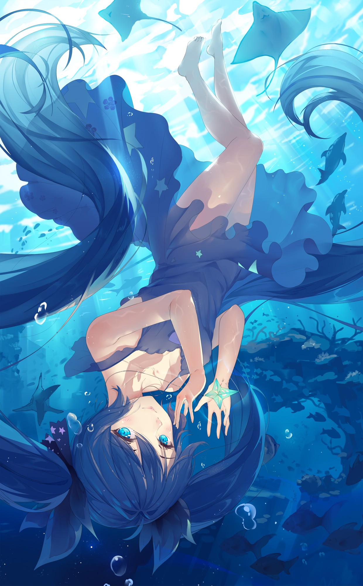 Vocaloid Hatsune Miku Long Hair Twintails Dress Underwater Fish Dolphin Sea Stingray Ribbon Bubbles  1240x2000