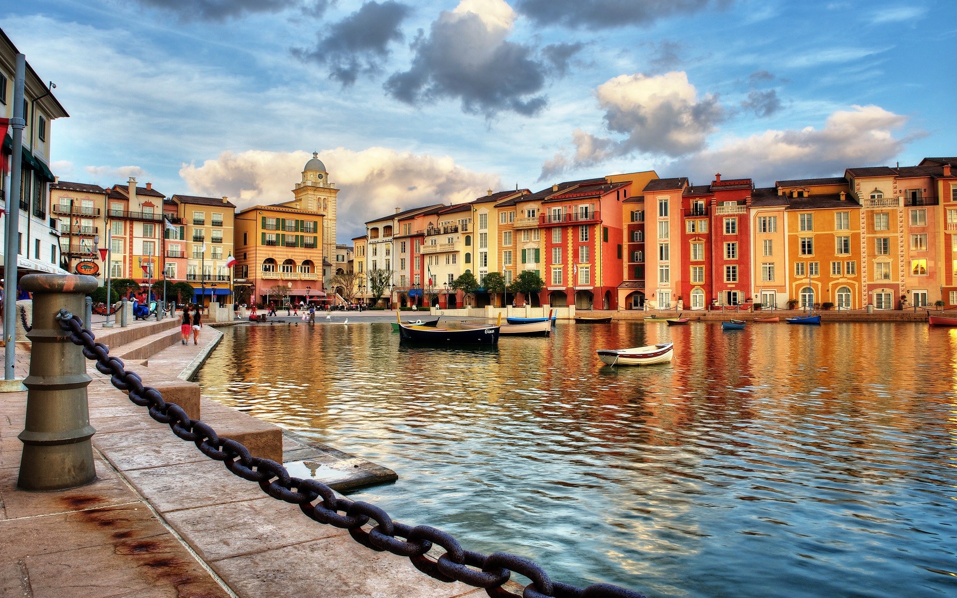 Portofino Italy Building City Boat Chains Sea Clouds Water Reflection Vibrant 1920x1200