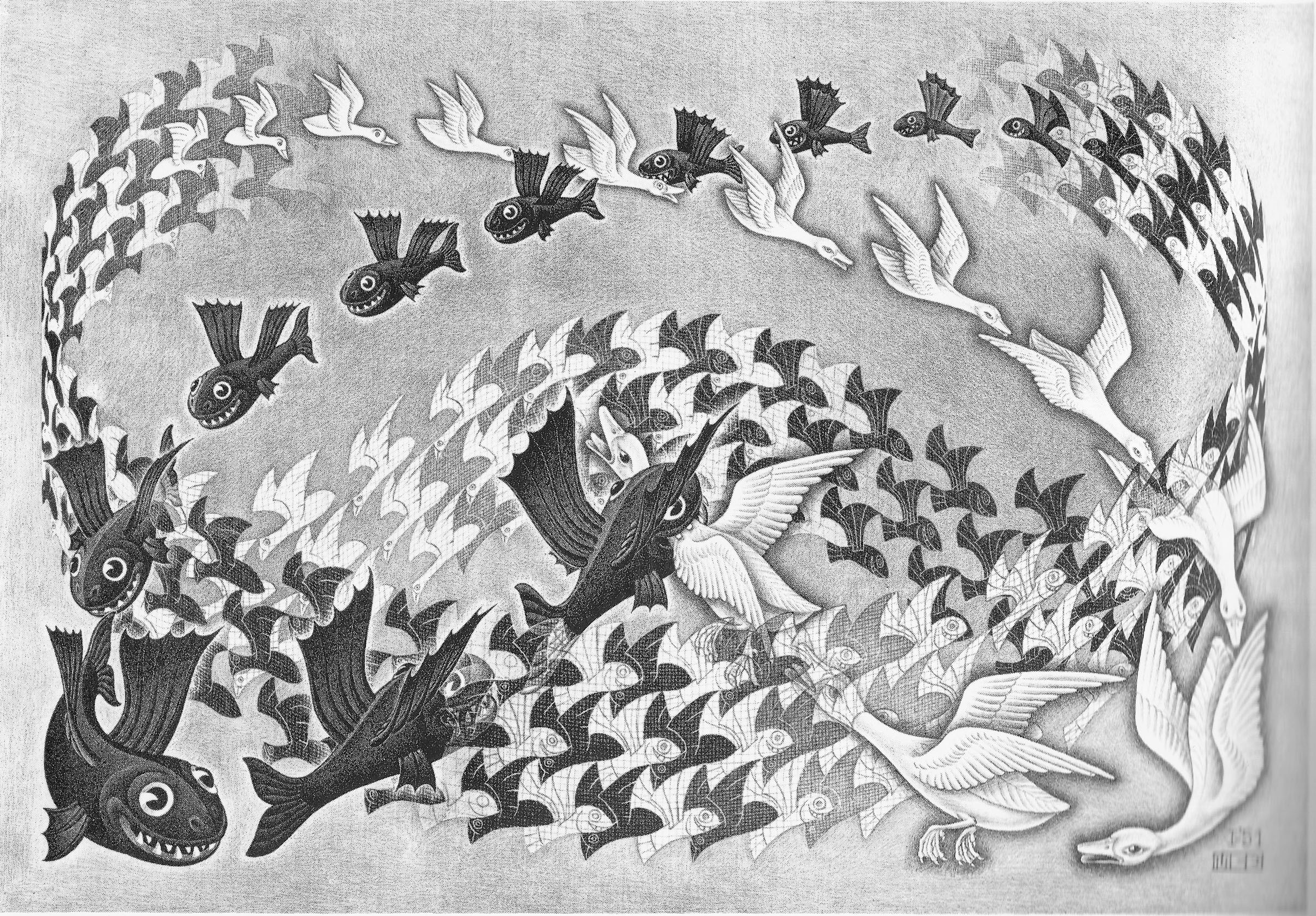 Artwork M C Escher Monochrome Monochrome Psychedelic Animals Fish Birds Geese Flying Lithograph 2407x1676
