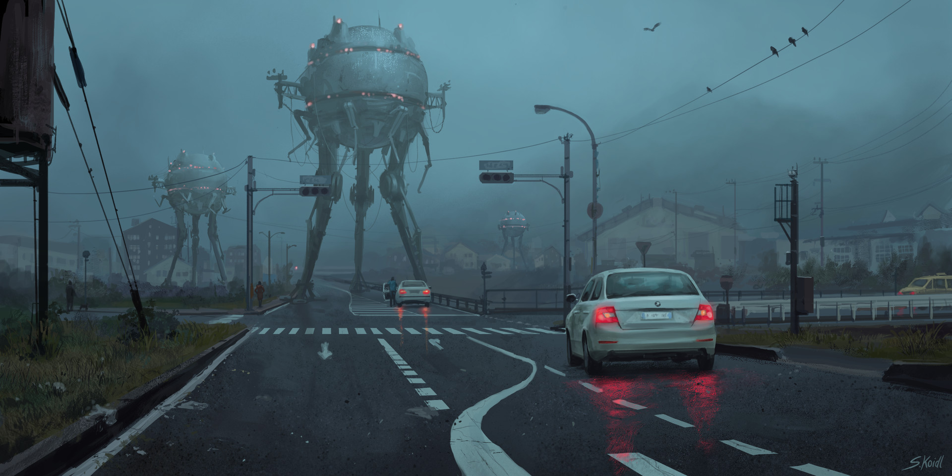 Artwork Robot City Car Apocalyptic Science Fiction Tripod Illustration Stefan Koidl 1920x960