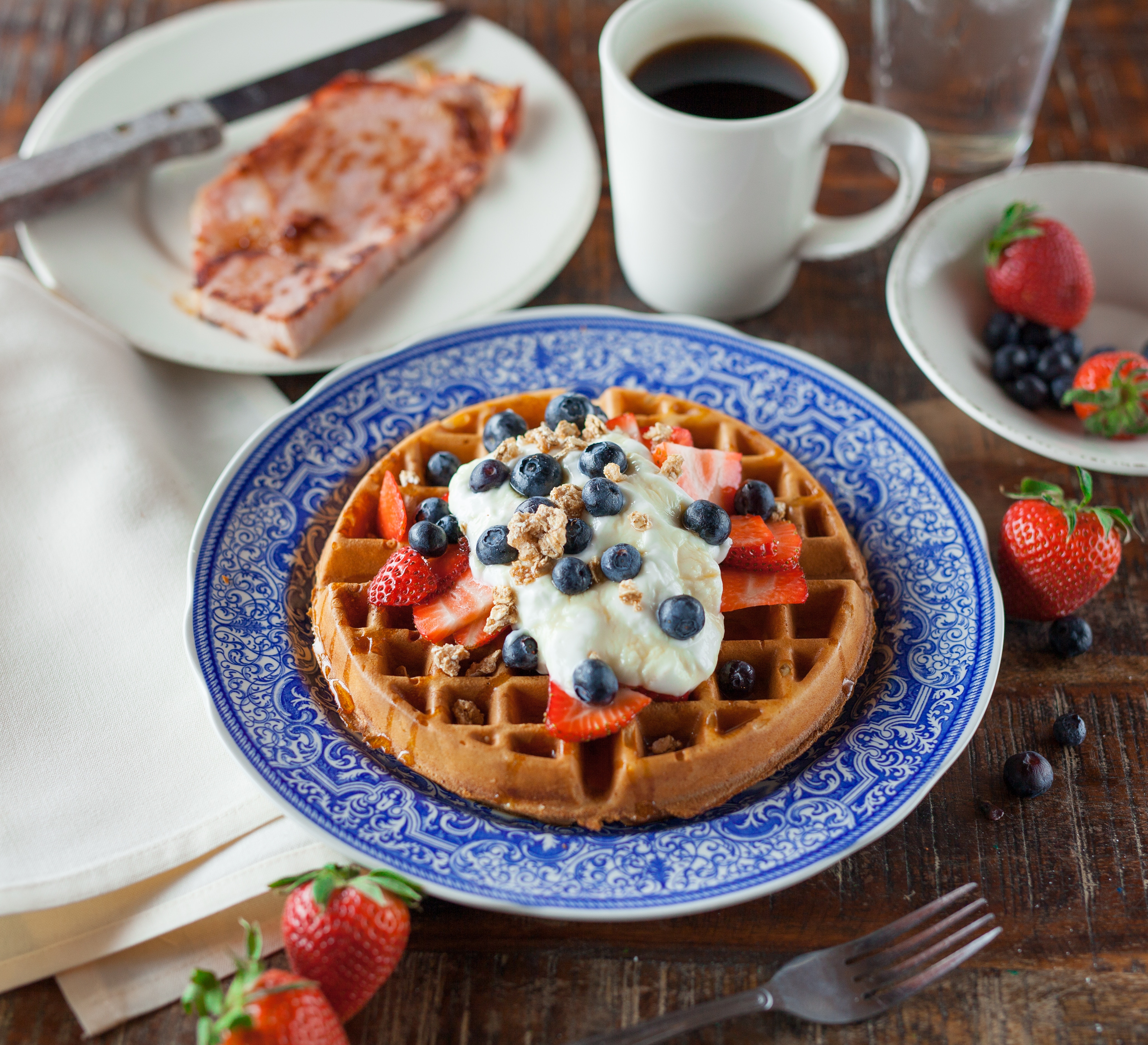 Waffles Coffee Plates Strawberries Blueberries Food Fork Table Knife Wooden Surface 4113x3744