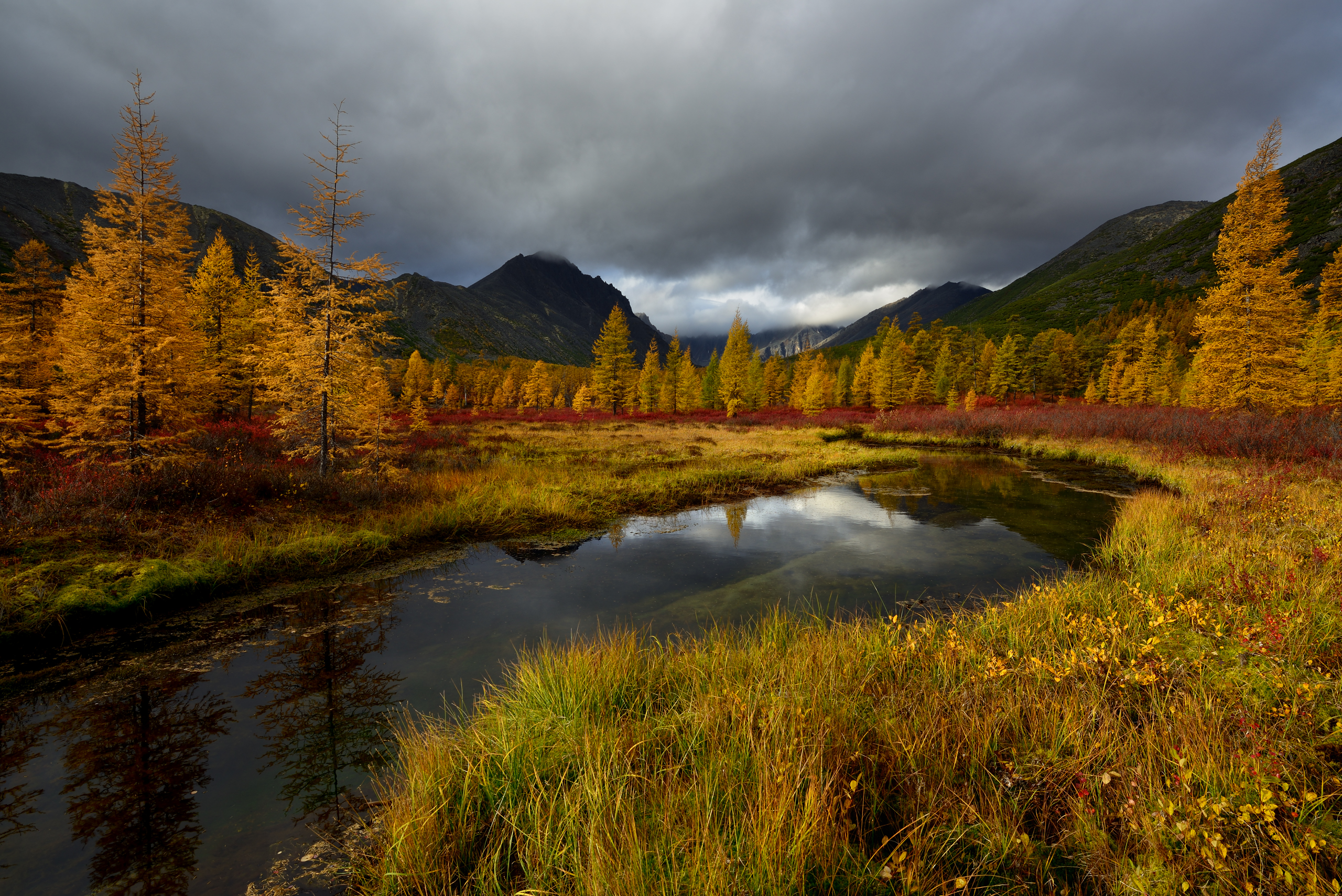 Landscape Mountains Clouds Trees Fall Grass Water Stream Reflection Outdoors River Overcast Maxim Ev 2560x1709