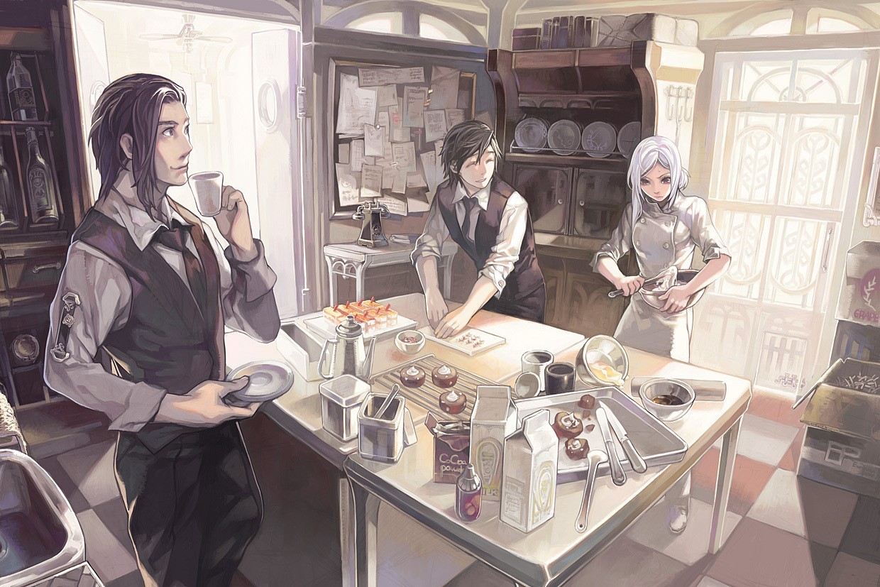 Artwork White Hair Anime Boys Kitchen Anime Girls Cook 1240x827