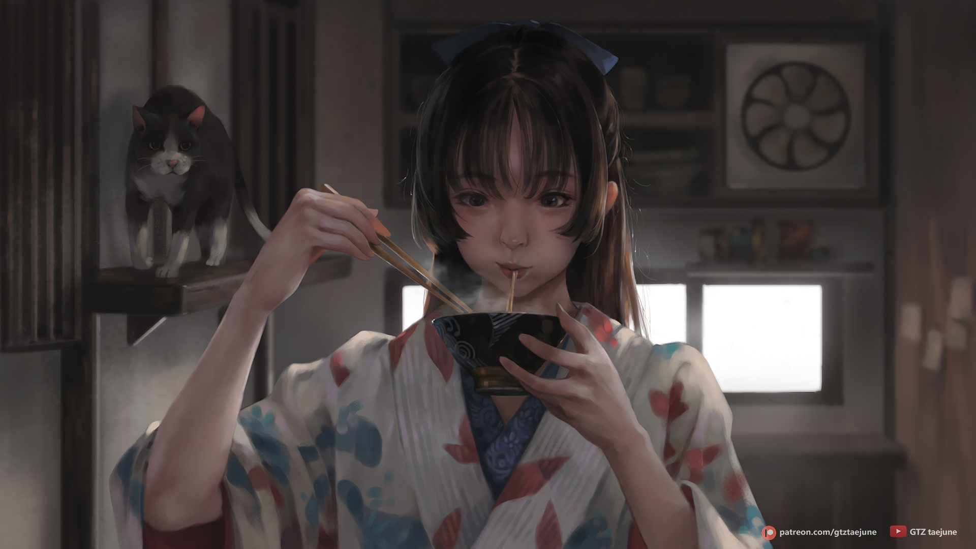 Digital Art Artwork Women Brunette Taejune Kim Eating Anime Girls Eating Chopsticks Long Hair Illust 1920x1080