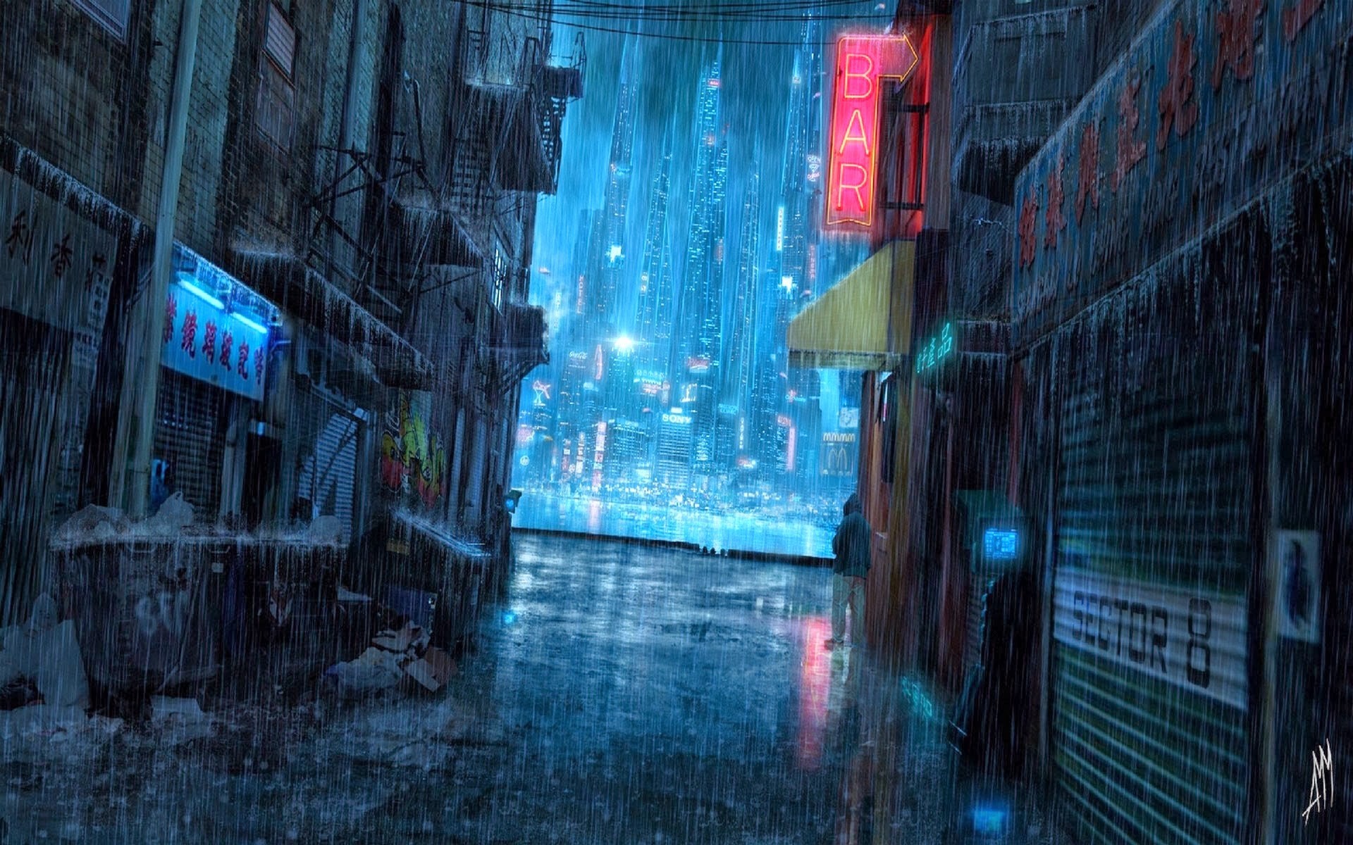 Digital Art Rain Cityscape Futuristic City Cyan Alleyway Neon Lights 1920x1200