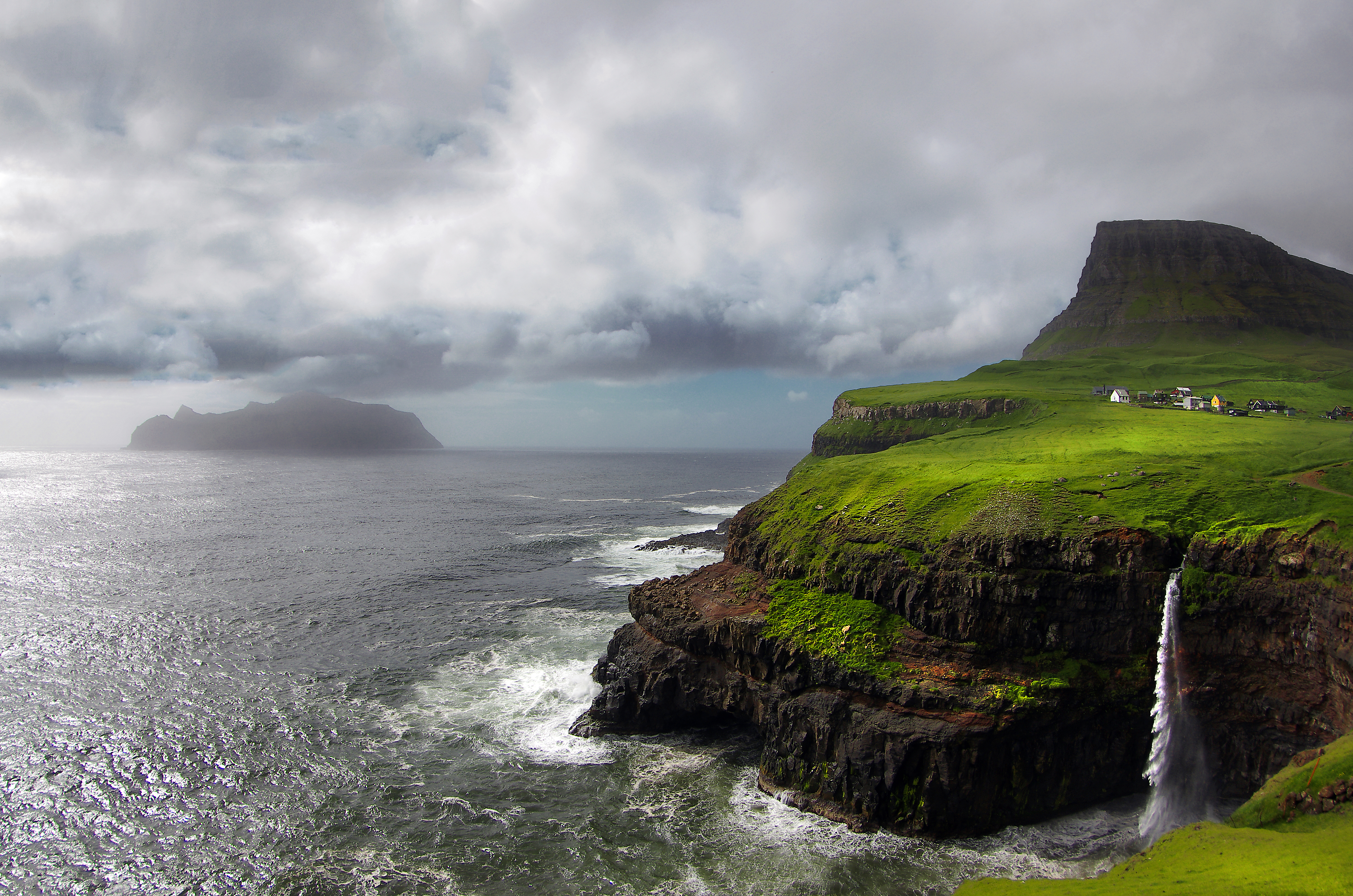 Faroe Islands Denmark Landscape Waterfall Scandinavia Arctic Gasadalur Shore Coast Village Cloud Sea 4928x3264