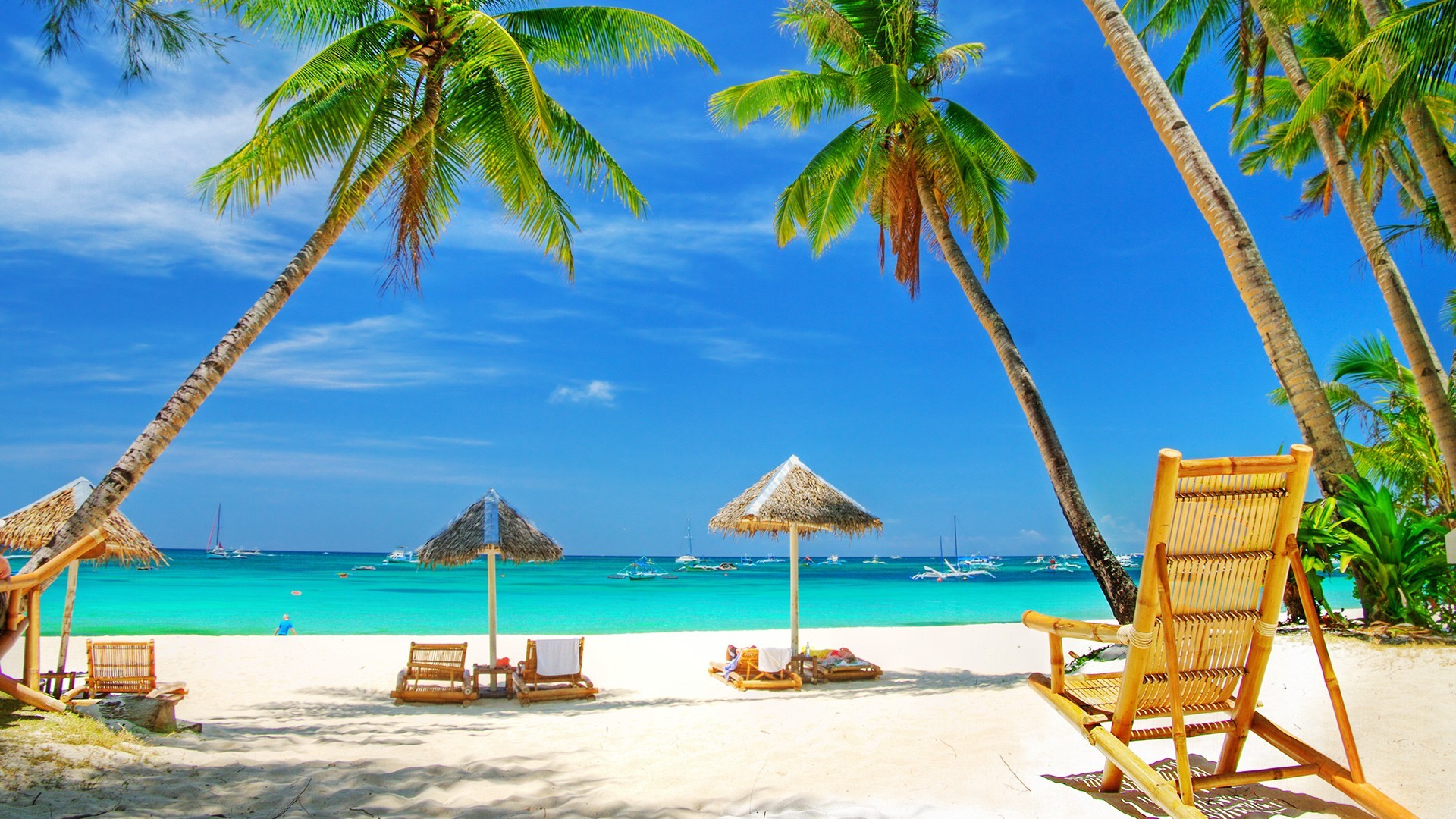 Sea Palm Trees Deck Chairs Beach Umbrella Beach Tropical Daylight Sand 1920x1080