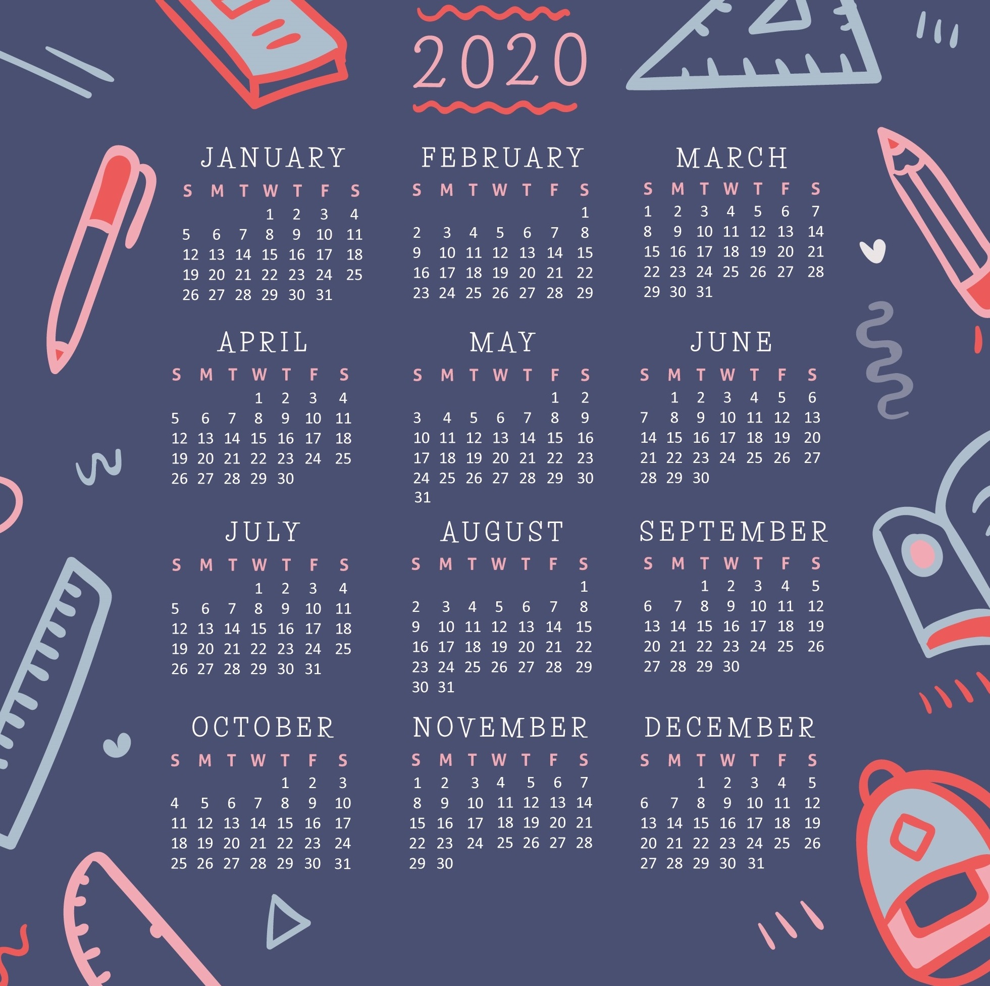 Calendar 2020 Year Numbers Month Simple Background Pen 1961x1953
