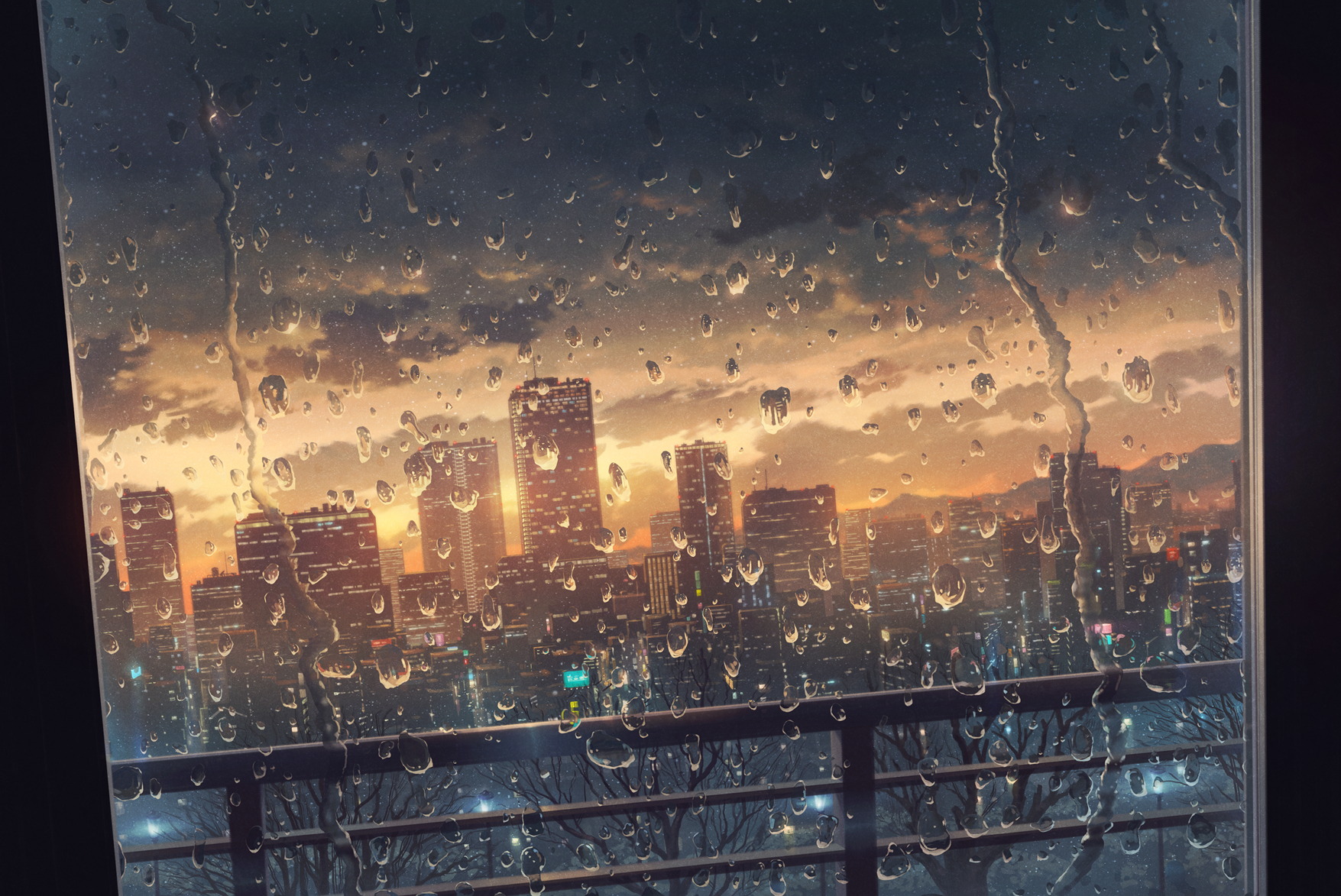Anime Cityscape Raindrop Window Sunset 1755x1173