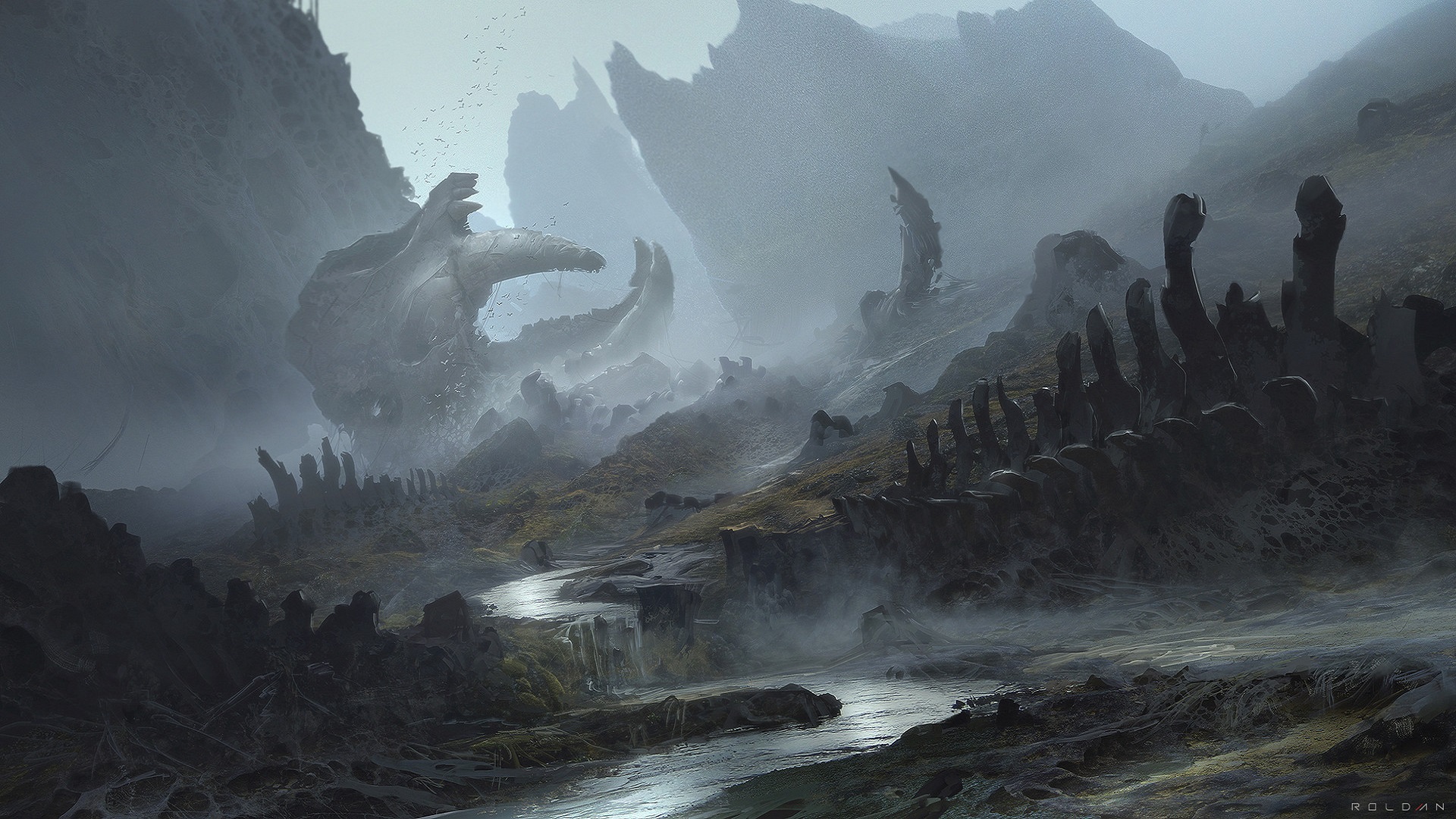 Skull Spine Bones Mountains Stream Mist Birds Fantasy Art 1920x1080