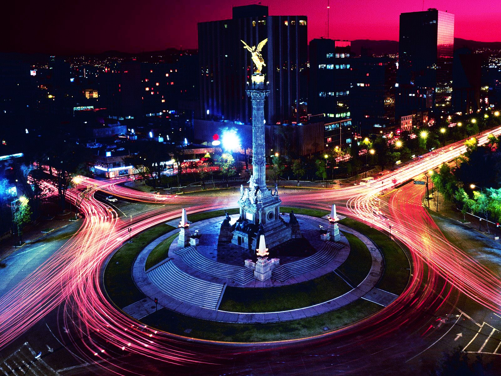 Town Lights Road Long Exposure Building Statue Roundabouts Light Trails Mexico Mexico Long Exposure  1600x1200