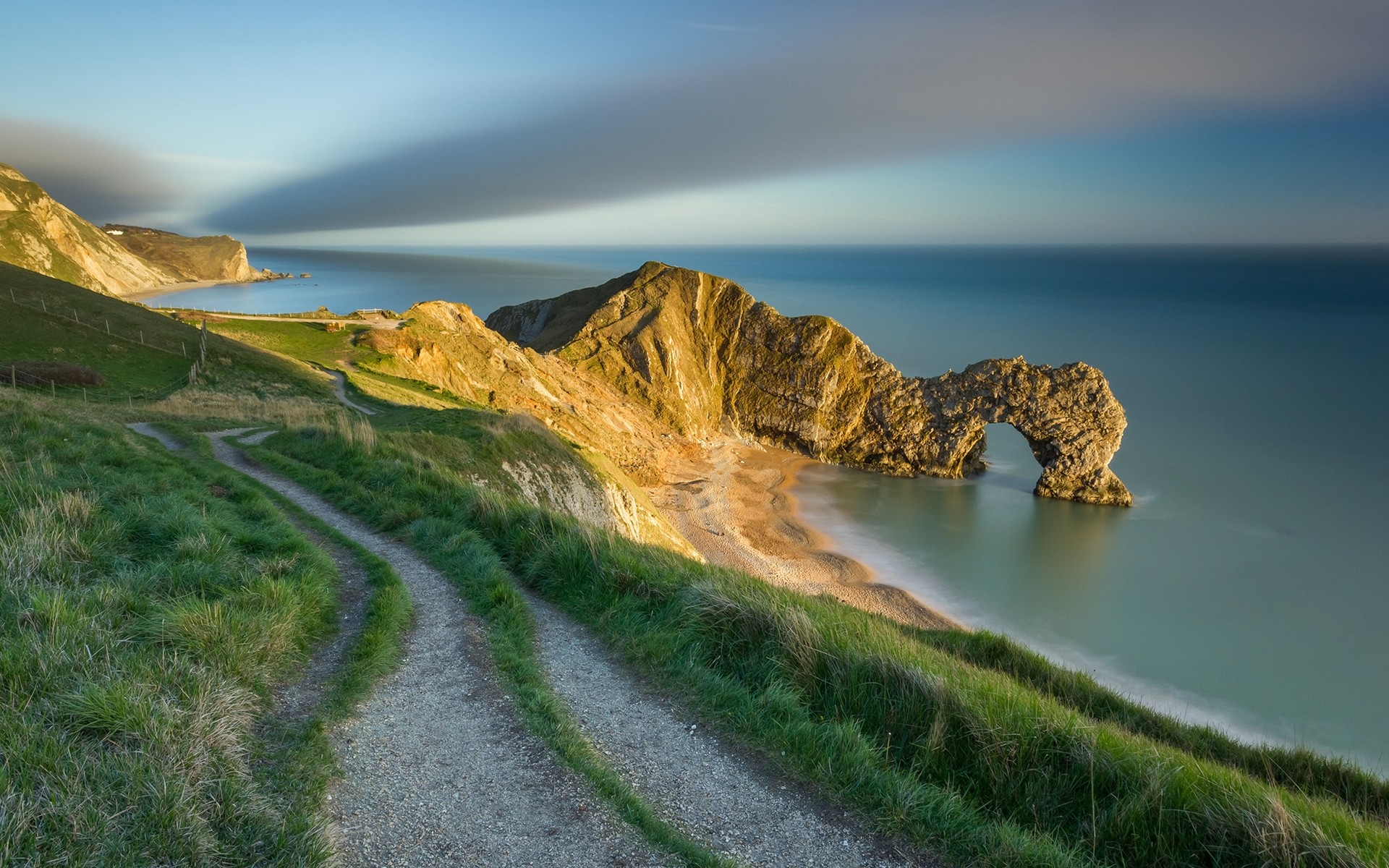 Nature Landscape Beach England Coast Durdle Door Sunset Sea Grass Rock Arch Cliff Sand Europe UK Pat 1920x1200