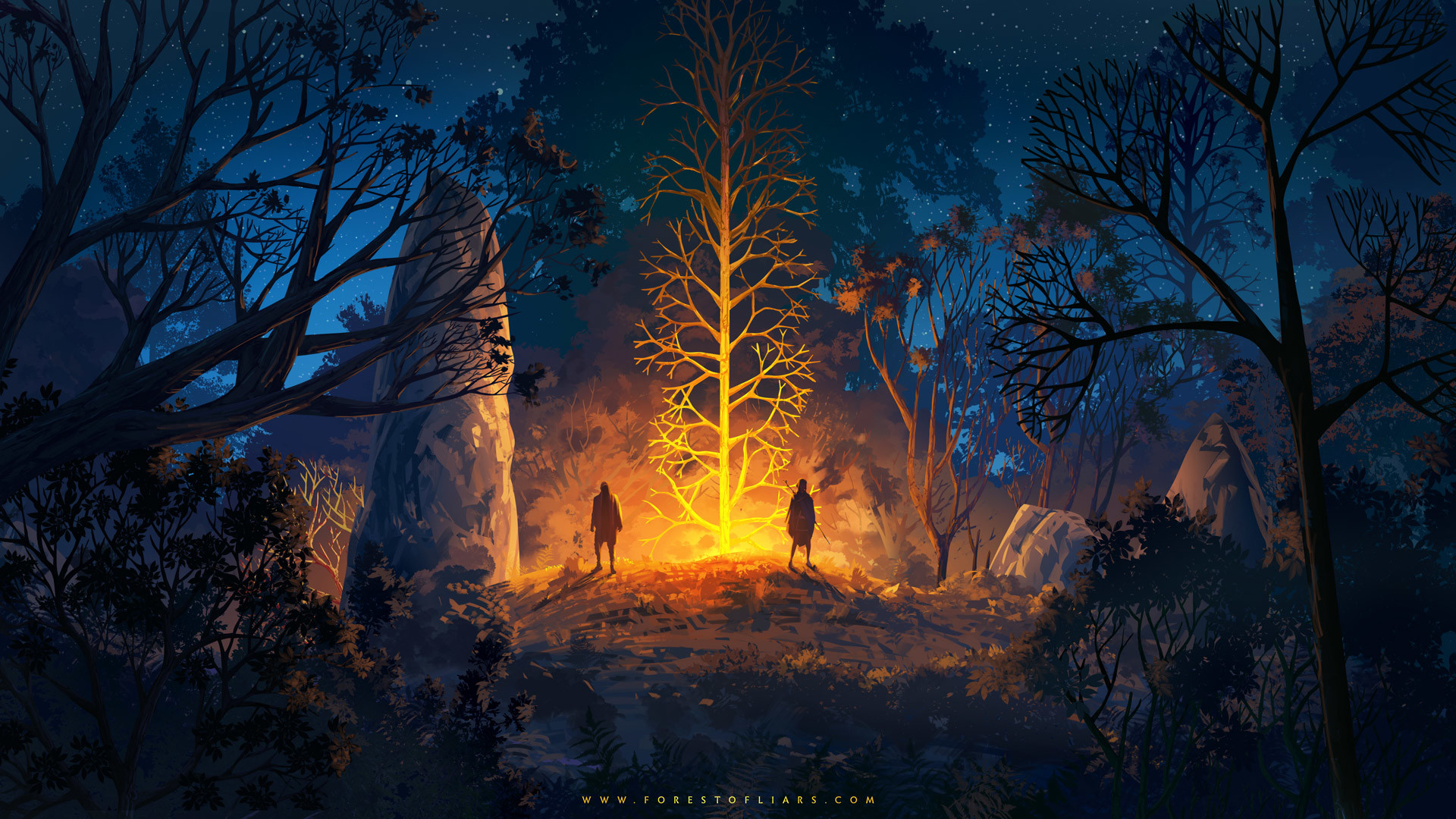 Sylvain Sarrailh Forest Of Liars Trees Night Stars Artwork Video Game Art Digital Art Rocks 1920x1080