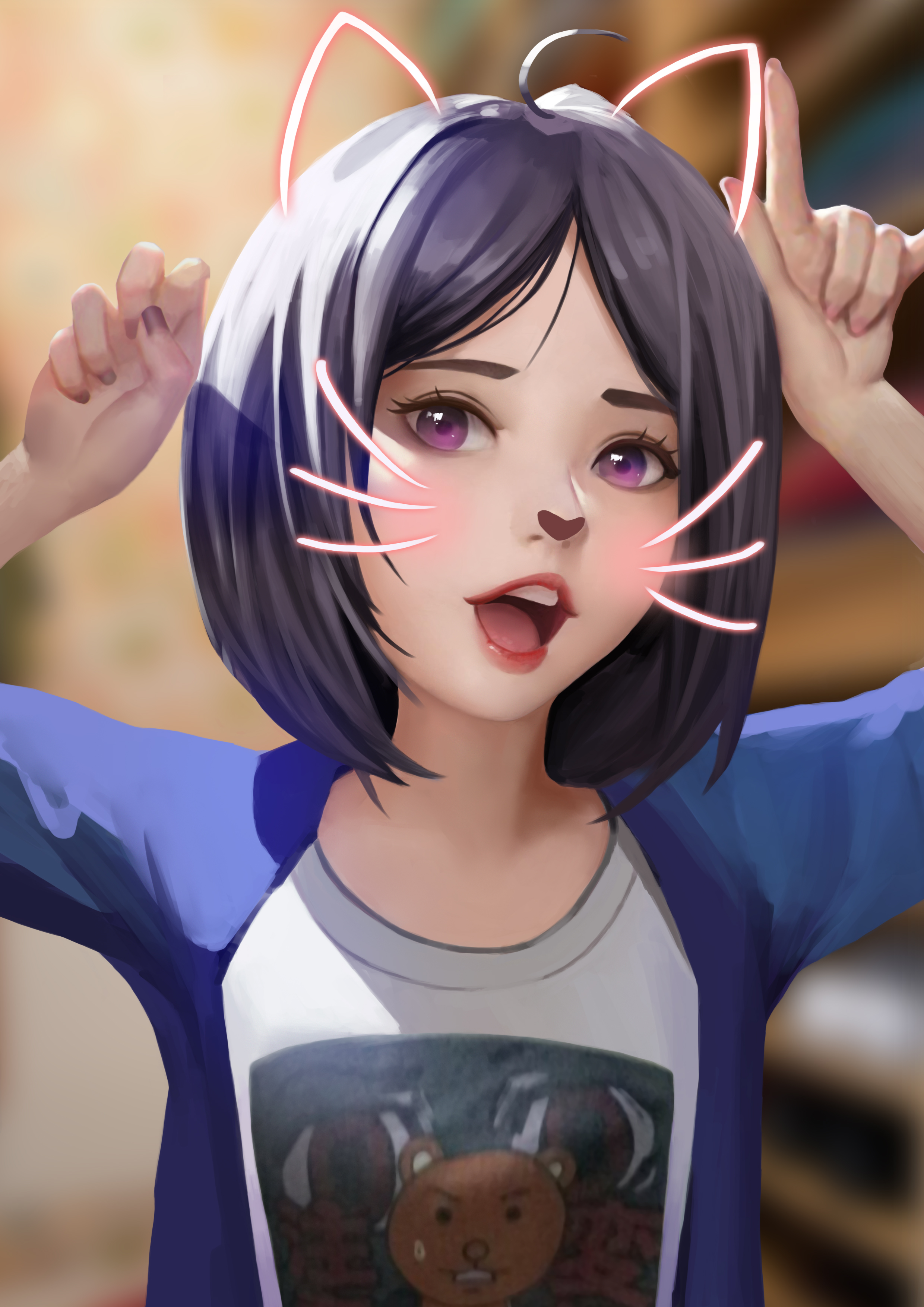 Anime Girls Original Characters Women Dark Hair Purple Eyes Looking At Viewer Open Mouth Cat Ears Ca 2480x3508