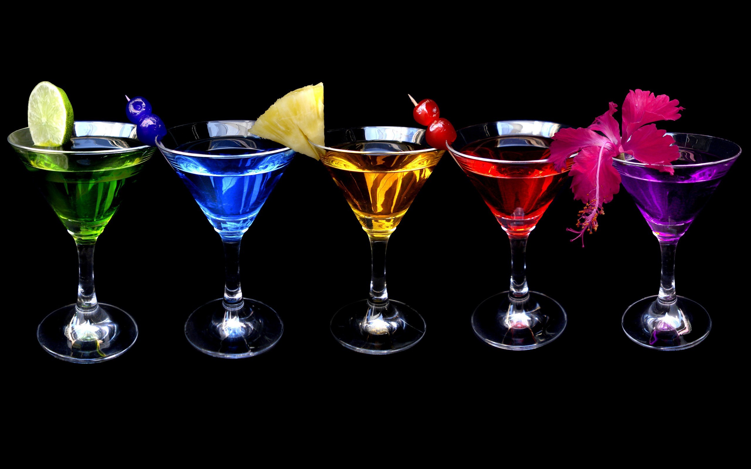 Cocktails Colorful Fruit Drinking Glass Black Background Drink Black Pineapples Cherries Food Limes  2560x1600