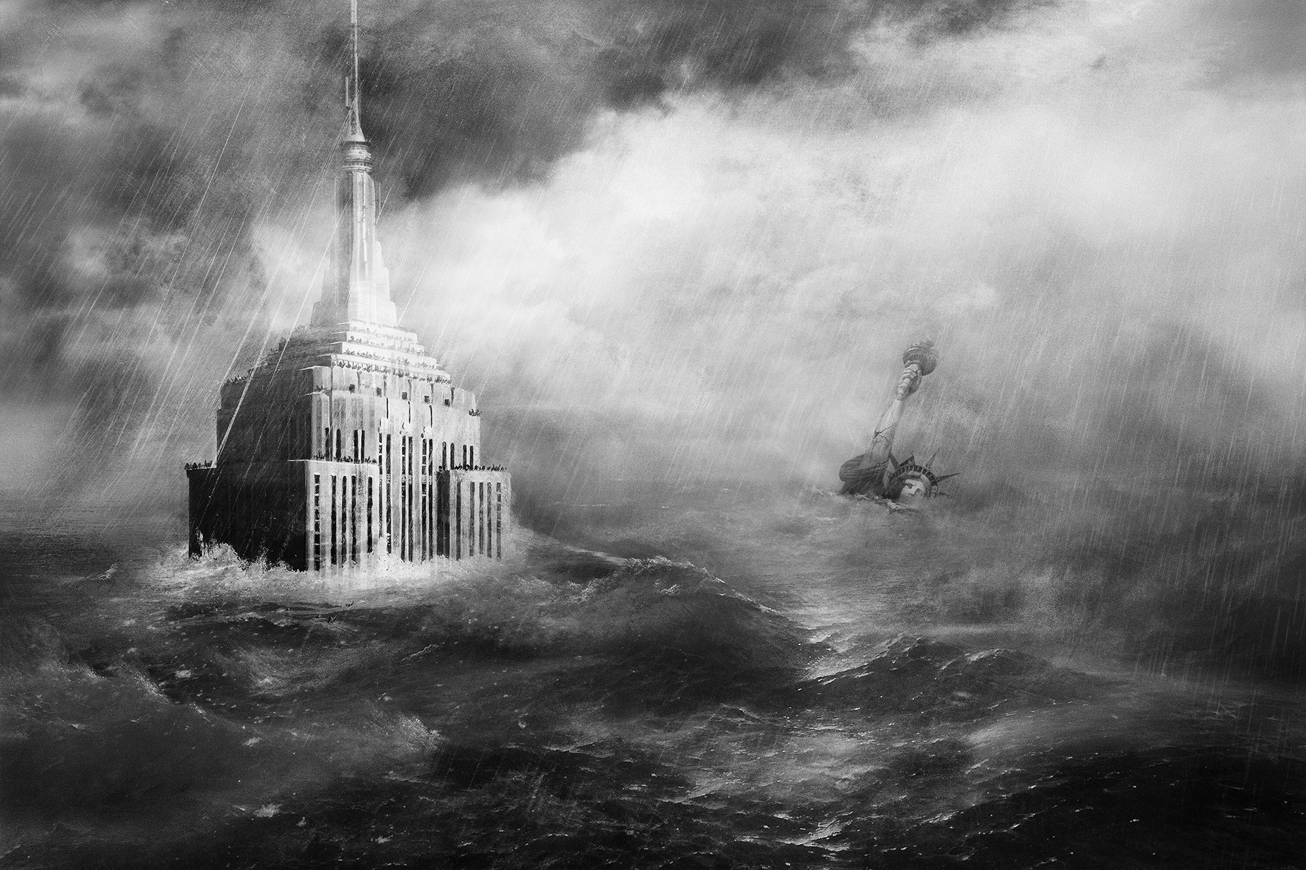 Science Fiction Apocalyptic Monochrome Storm Flood Artwork 1845x1230