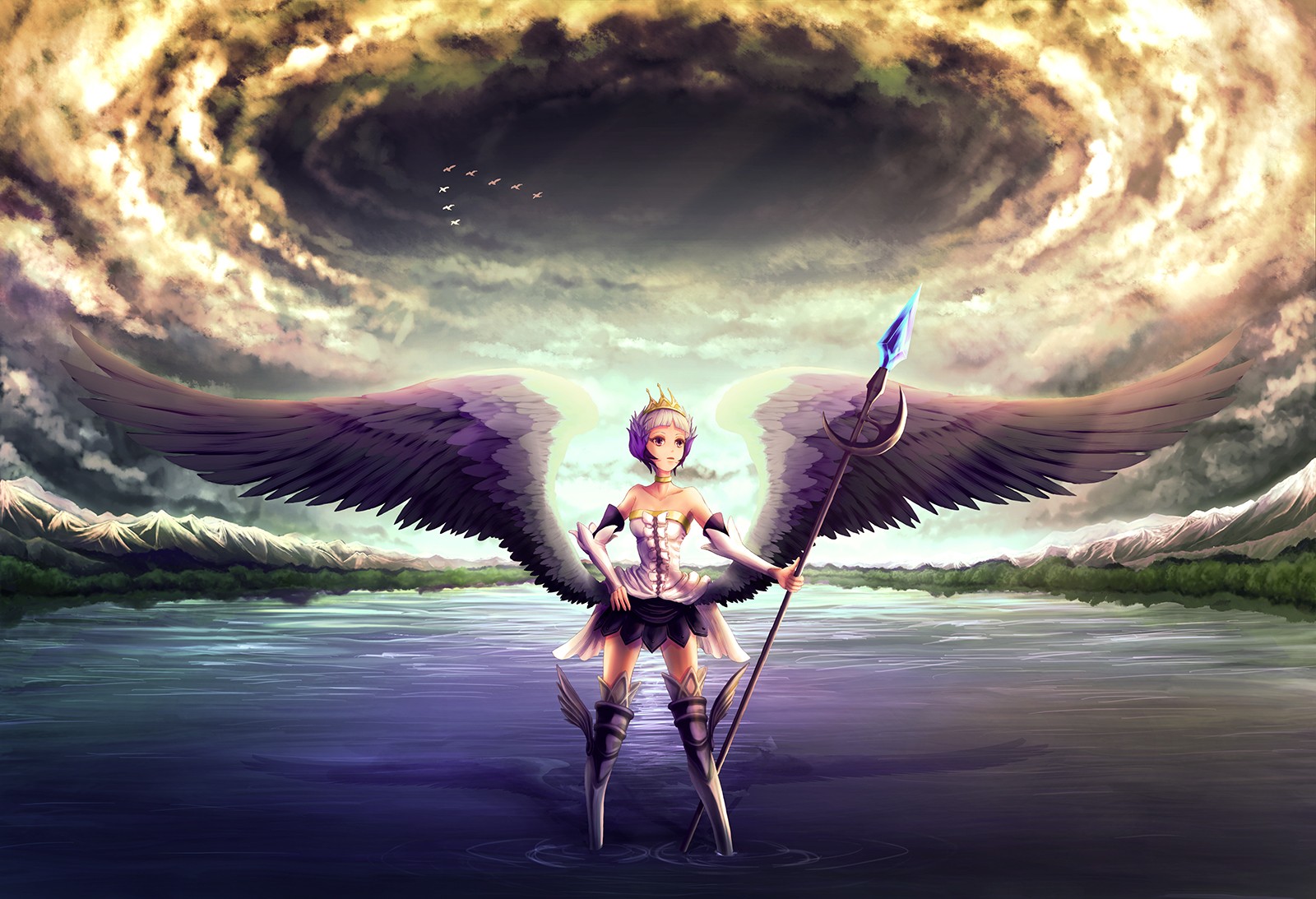 Anime Girls Wings Spear Sky 1600x1093