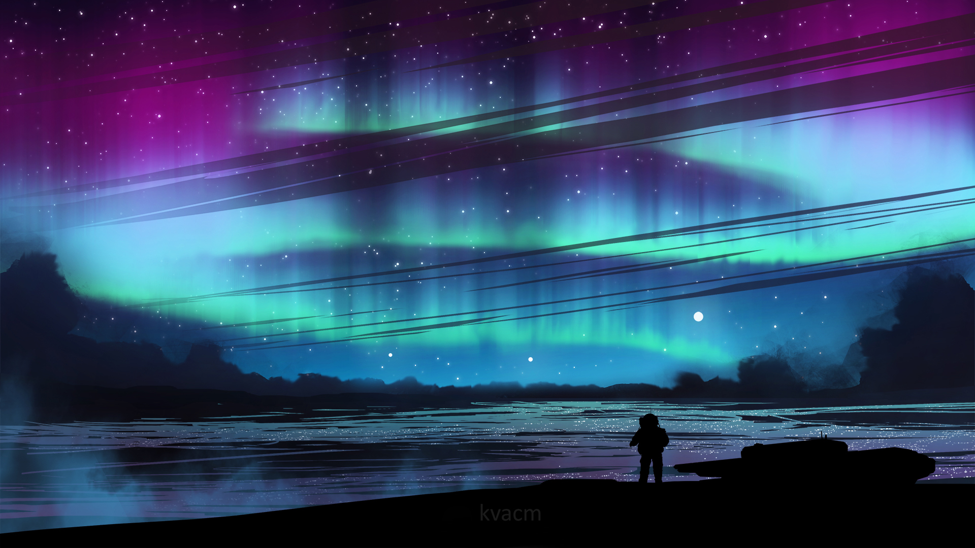 Artwork Astronaut Landscape Aurorae Night Space Digital Art Kvacm Cyan Blue Turquoise Stars Silhouet 1920x1080