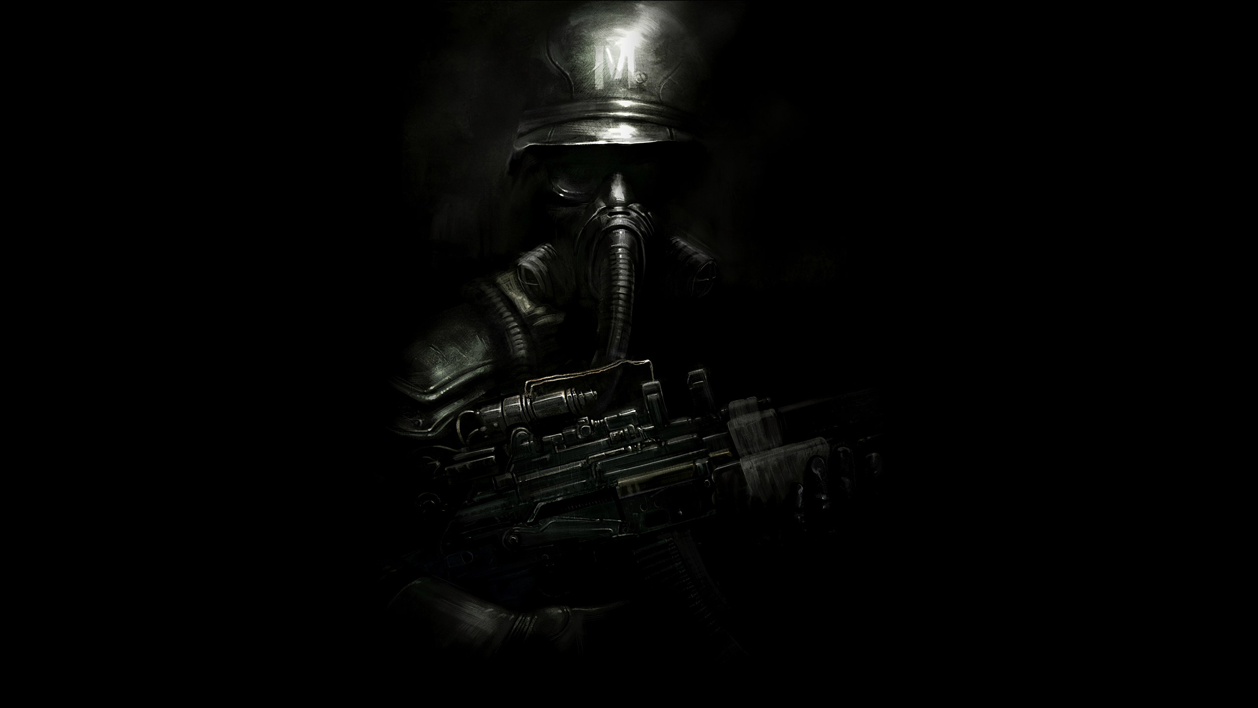 Metro 2033 Gas Masks Dark Black Weapon Helmet Military Apocalyptic Moscow Video Game Art Digital AK  2560x1440