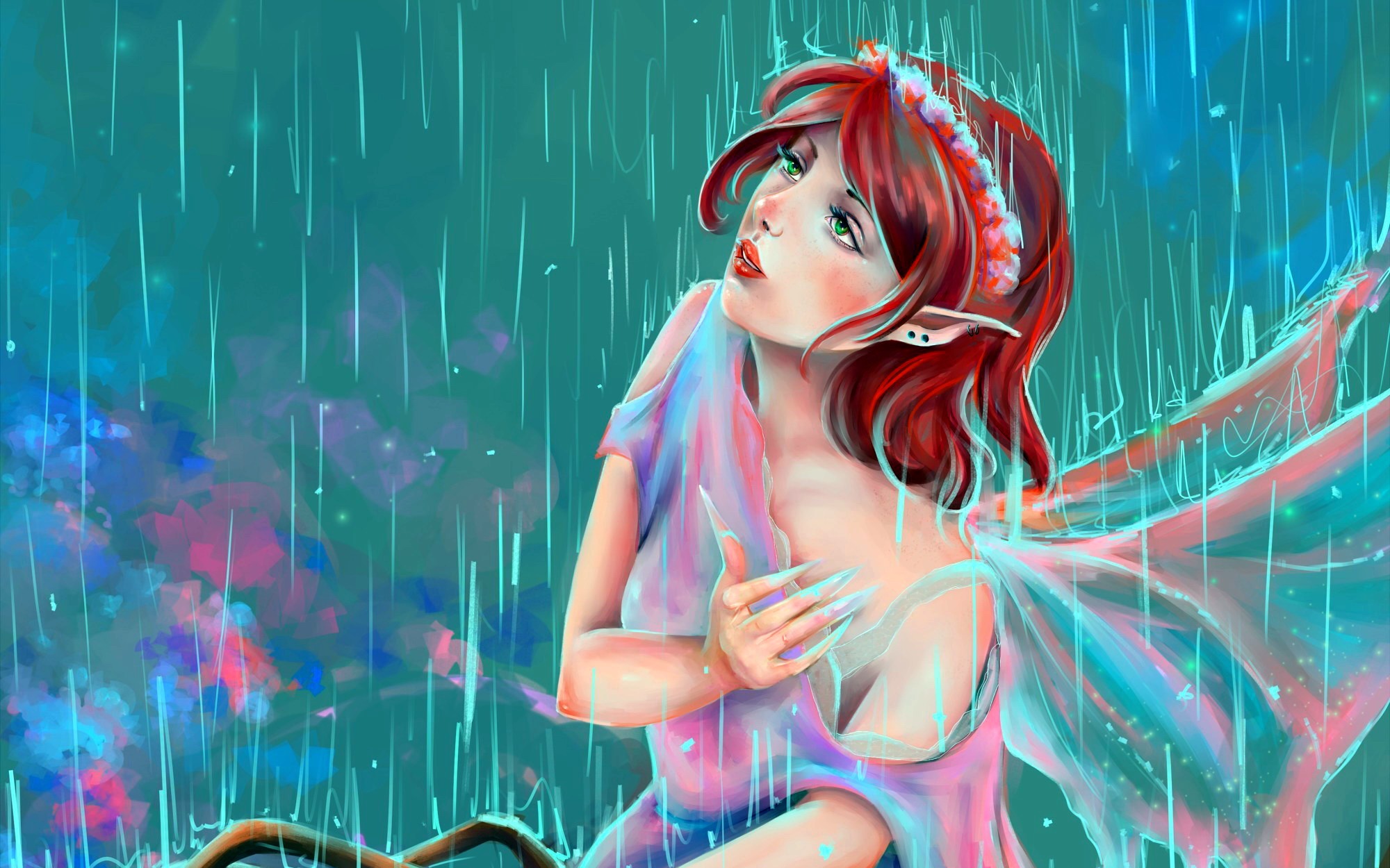 Fantasy Angel Girl Woman Wings Rain Green Eyes Red Hair Pointed Ears 2000x1250