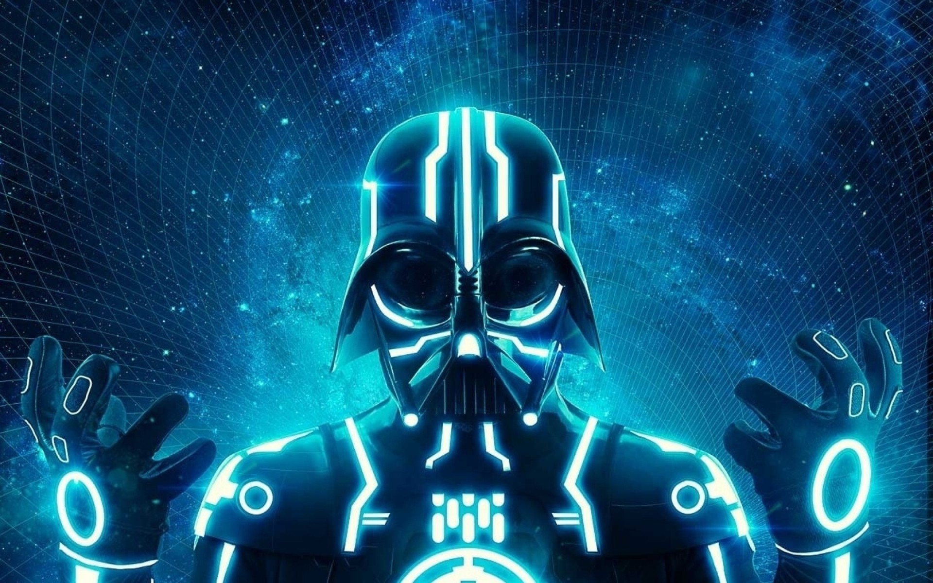 Star Wars Darth Vader Fan Art Tron Mix Up Crossover Cyan Blue Grid 1920x1200
