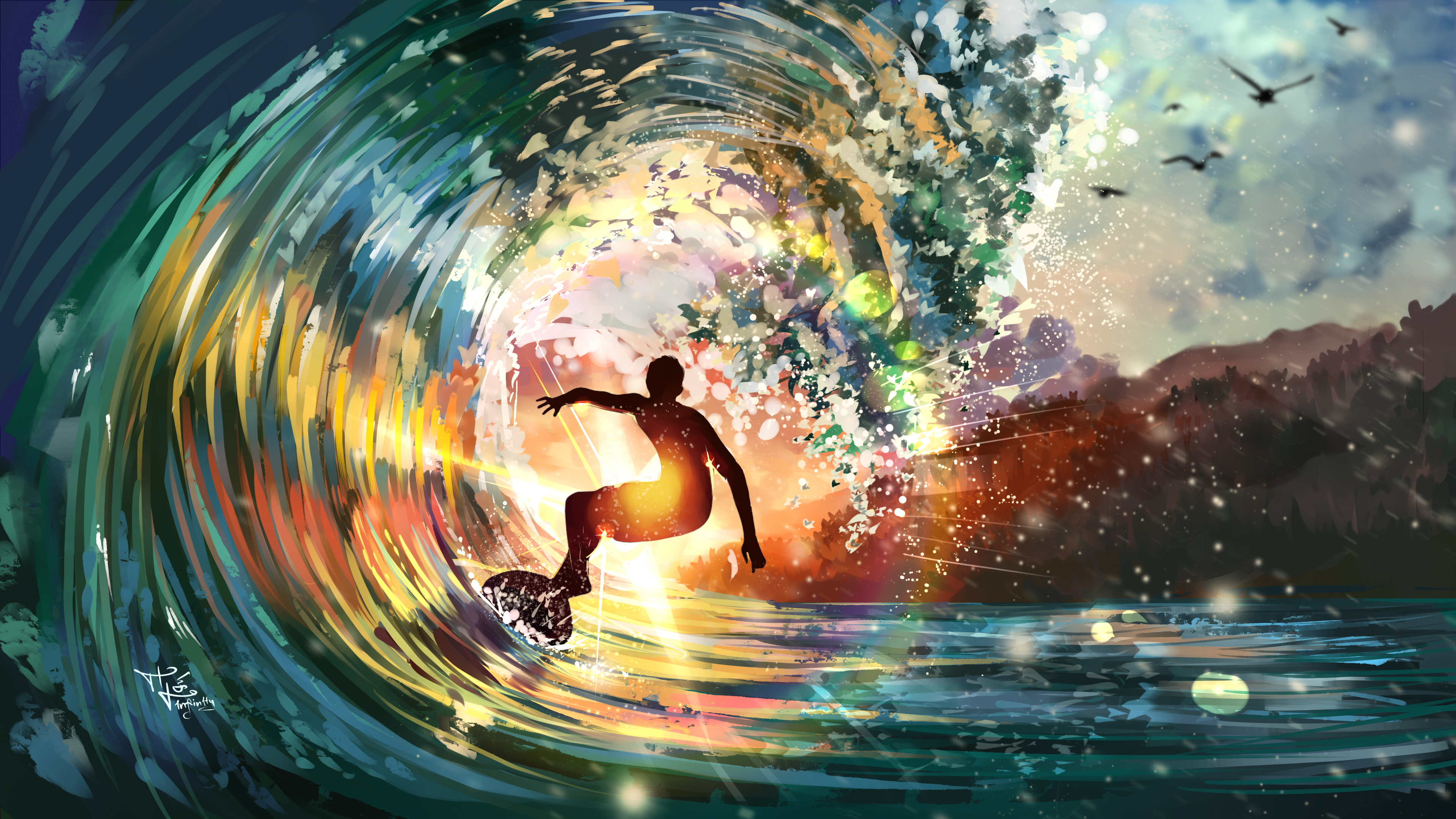Digital Digital Art Artwork Illustration Drawing Digital Painting Surfers Surfing Waves Nature Sun S 3840x2160