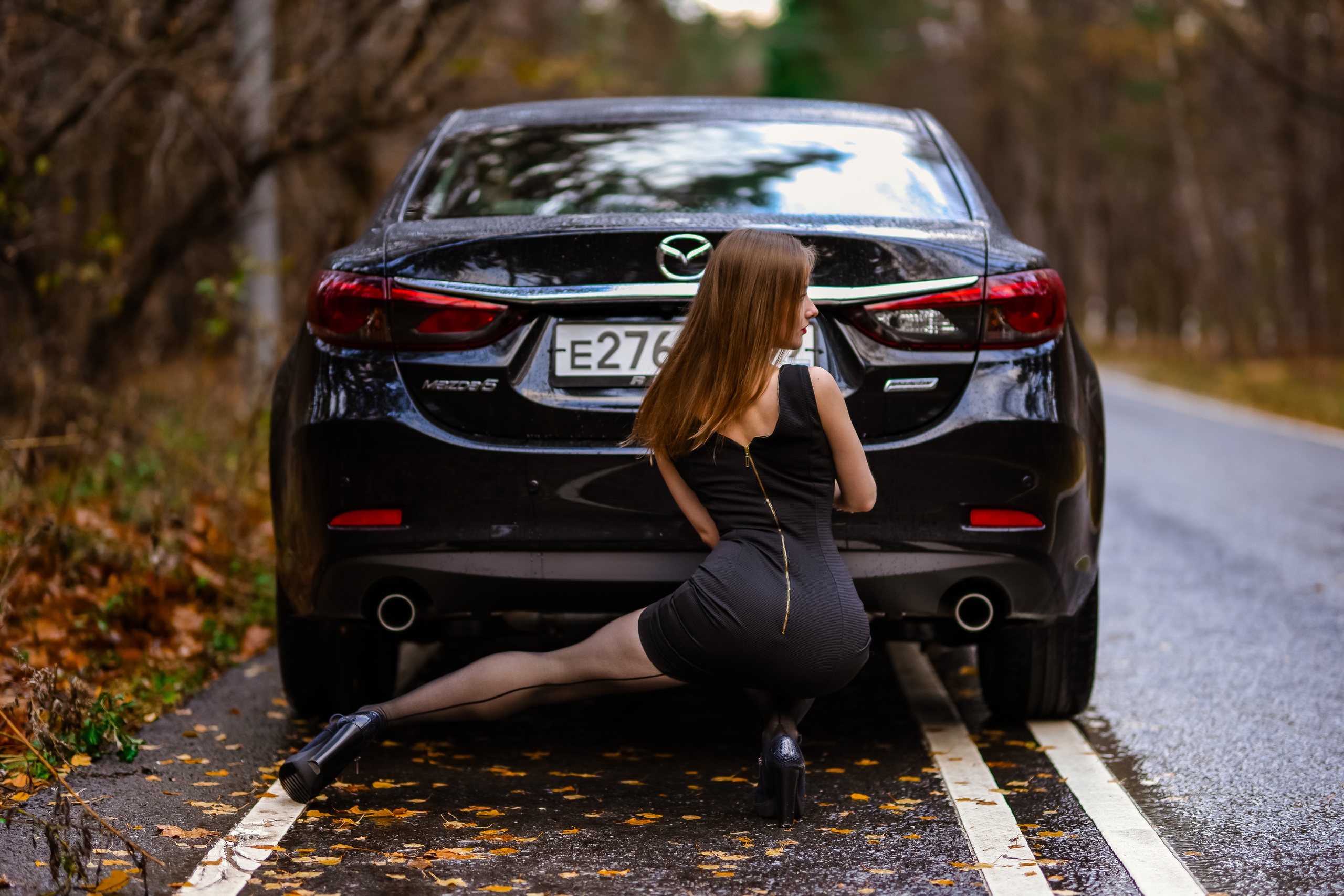 Women Model Looking Away Profile Dress Black Dress High Heels Squatting Mazda Car Black Cars Forest  2560x1707