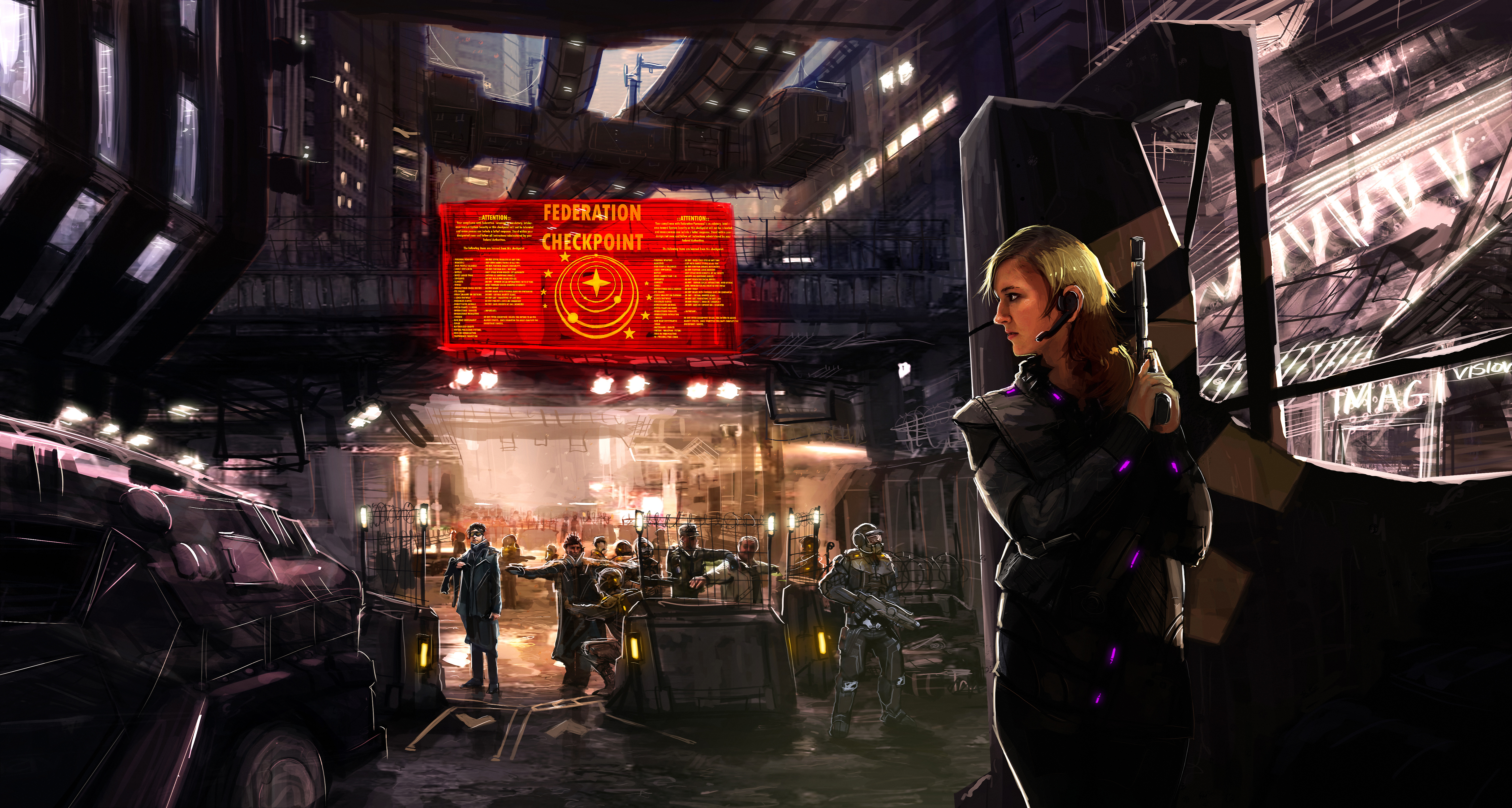 Elite Dangerous Spy Science Fiction City Military Suppressors Street Orange Purple Clothing Blond Ha 5697x3045