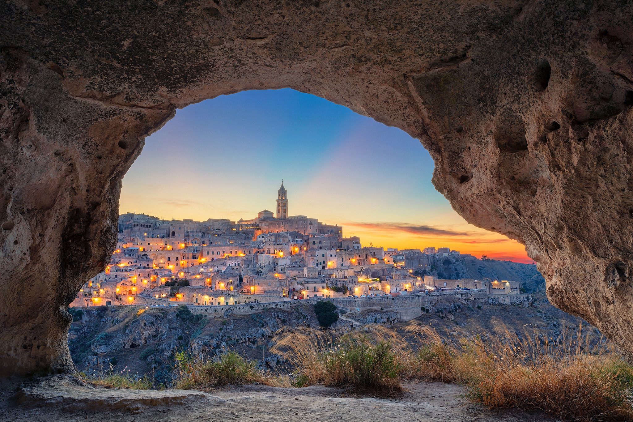 Italy Matera Cave Rock Town Shrubs Cityscape City Lights Tower Evening 2048x1365
