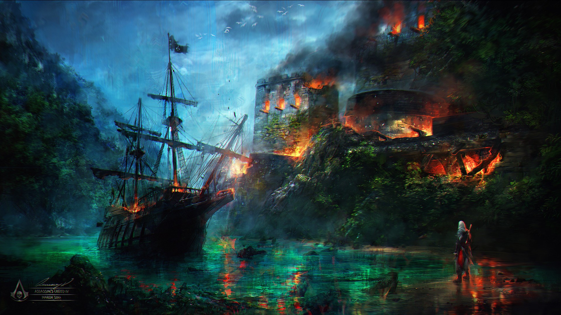 Assassins Creed Digital Art Boat Assassins Creed Black Flag Ship Castle Water Assassins Video Games 1920x1080