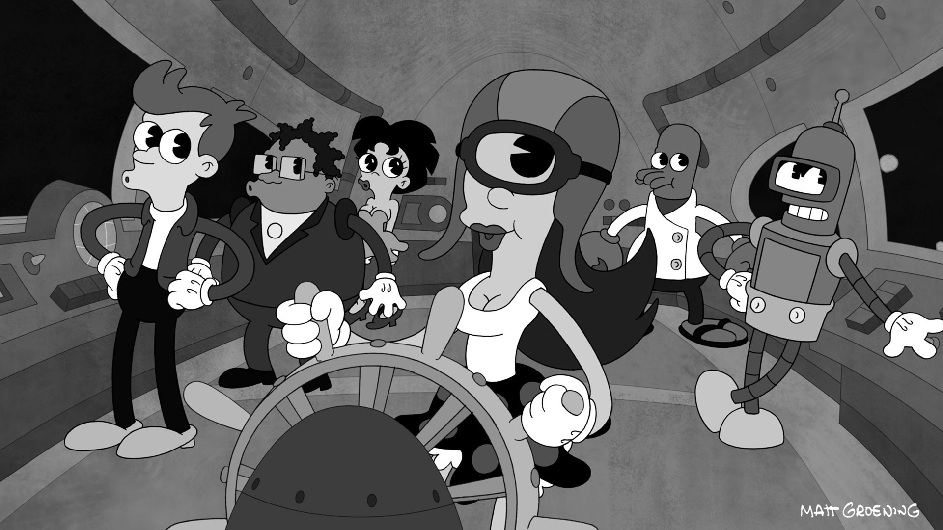 Futurama Humor Cartoon Monochrome Gray Bender 1920x1080