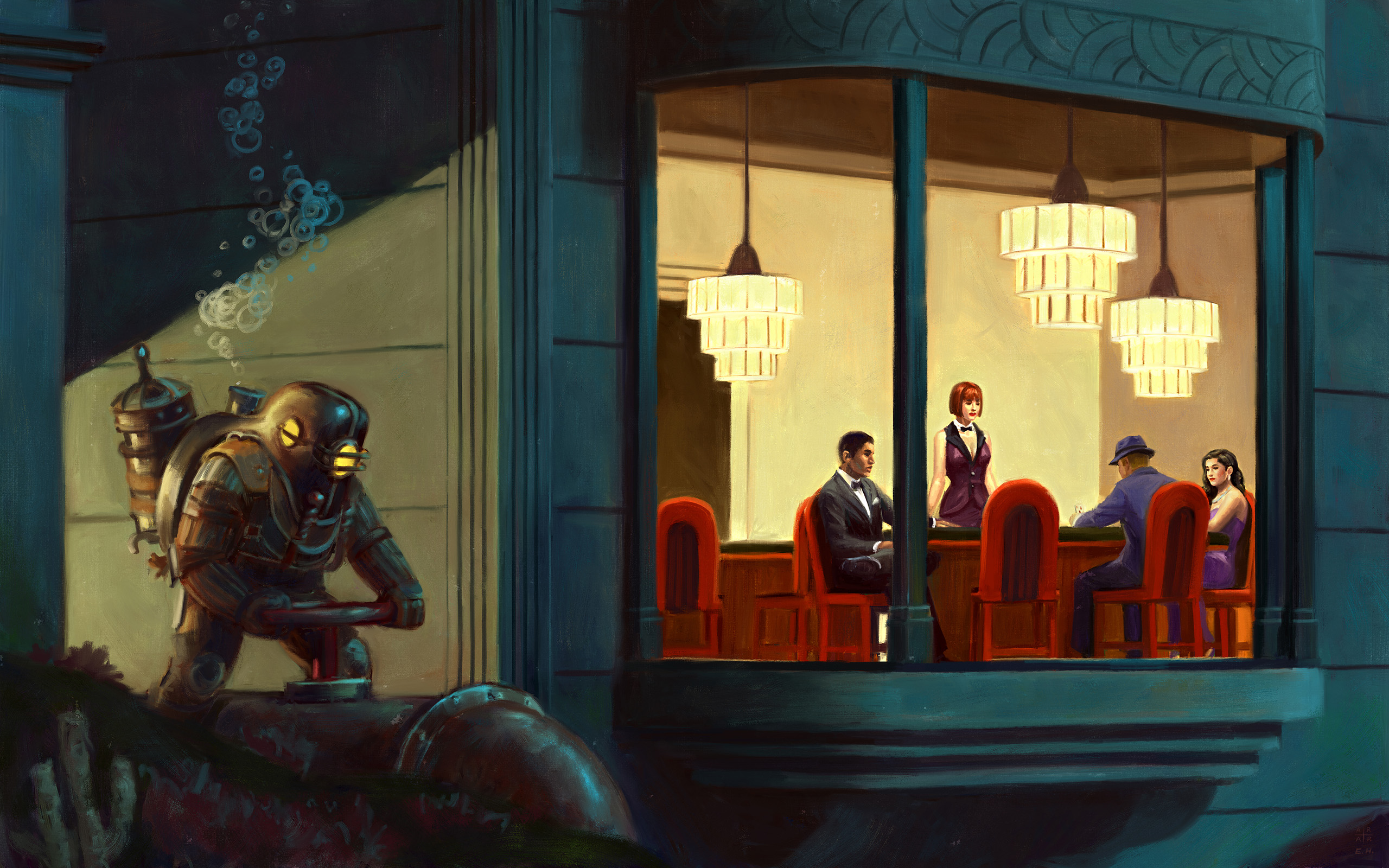 BioShock Big Daddy Rapture Underwater Divers Video Games Video Game Characters Fictional Characters 2560x1600