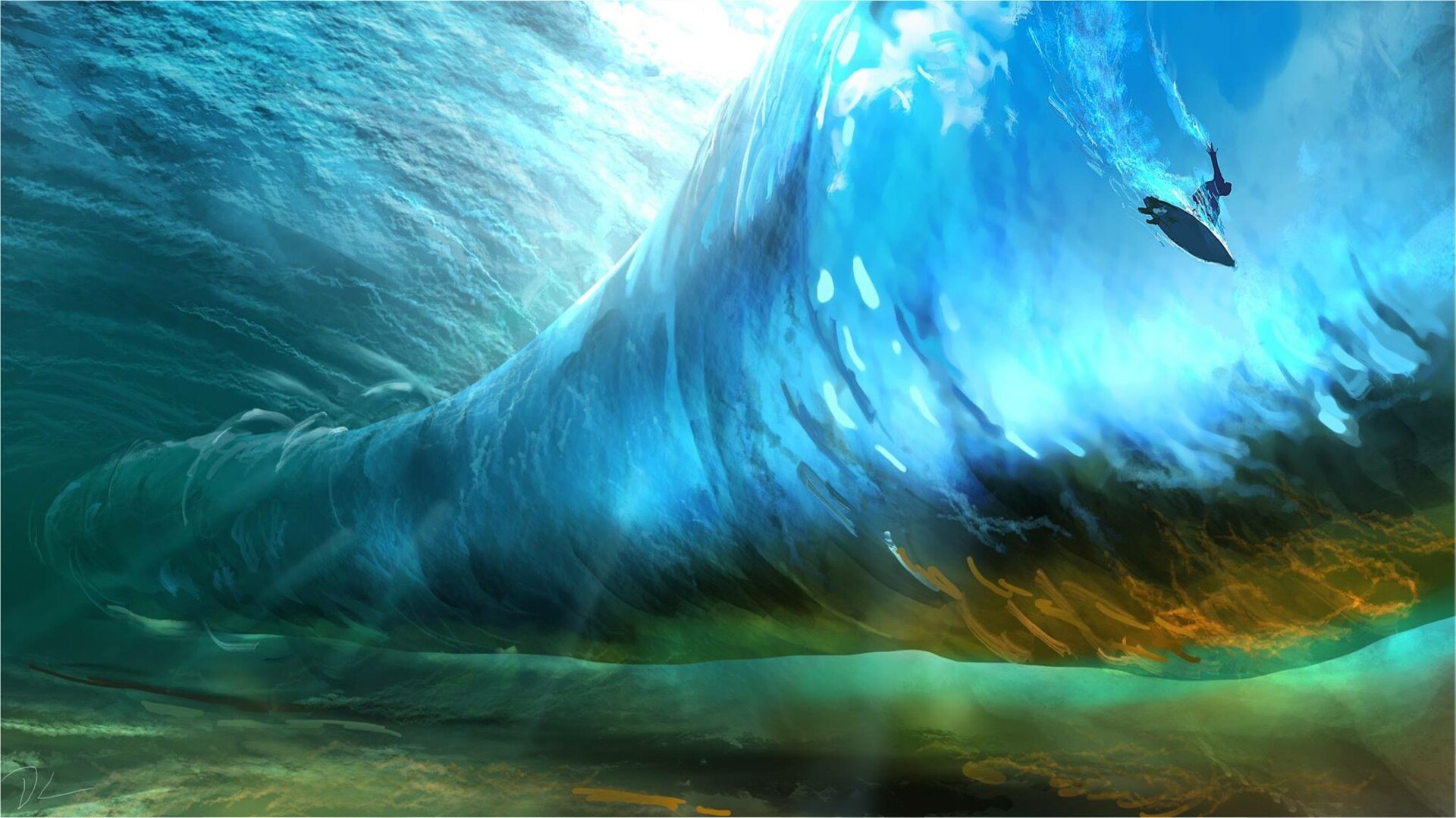 Digital Digital Art Artwork Landscape Water Underwater Surfers Surfing Waves Lights Blue Green Envir 1920x1080