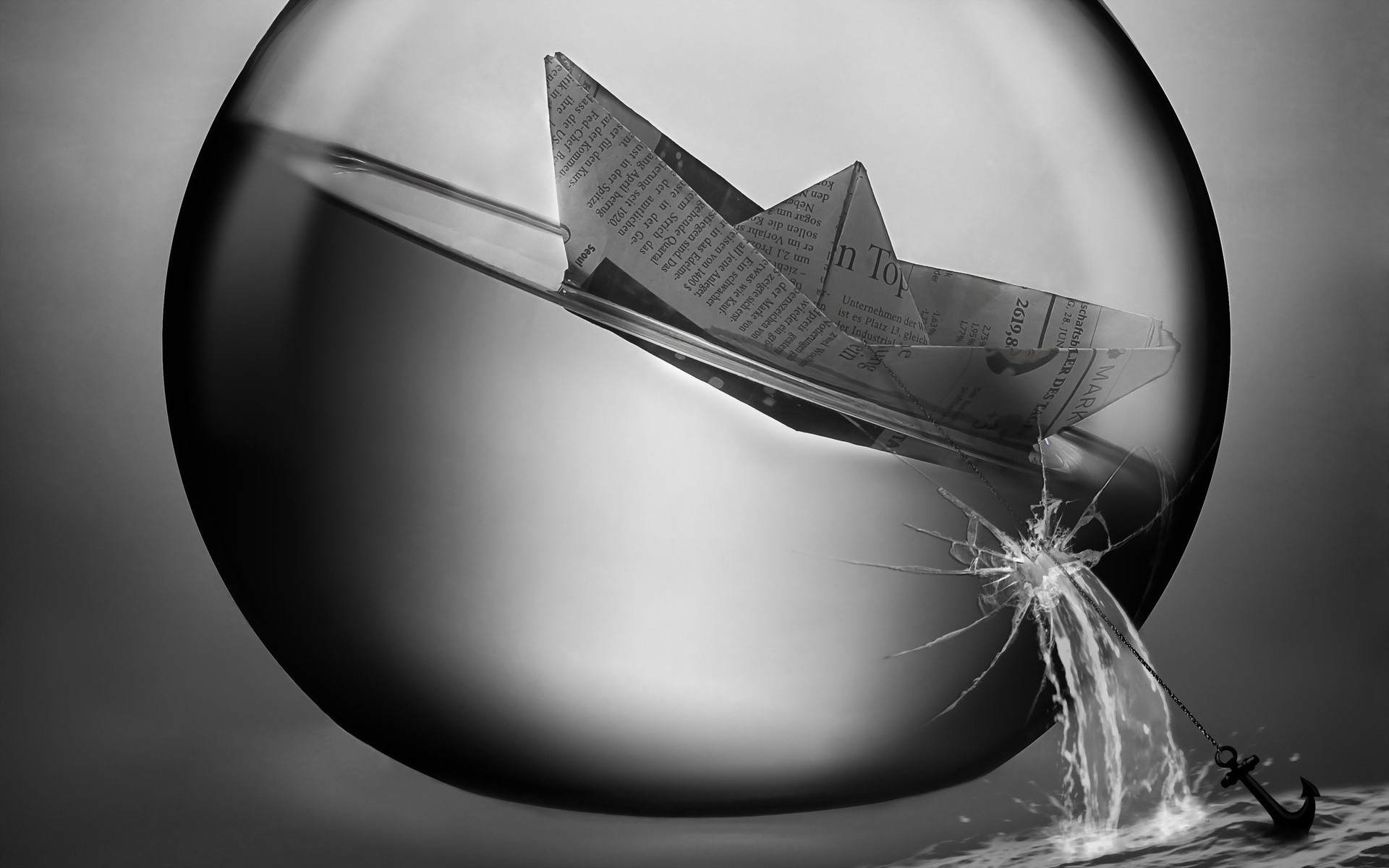 Monochrome Artwork Paper Boats Water Sphere Broken Glass Anchors Boat Paper Newspapers Chains 1920x1200