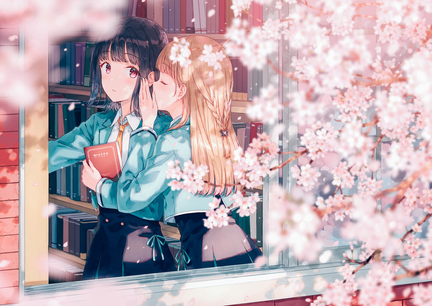 Cherry Blossom Books Library Window School Uniform Anime Girls Hiten 1414x1000