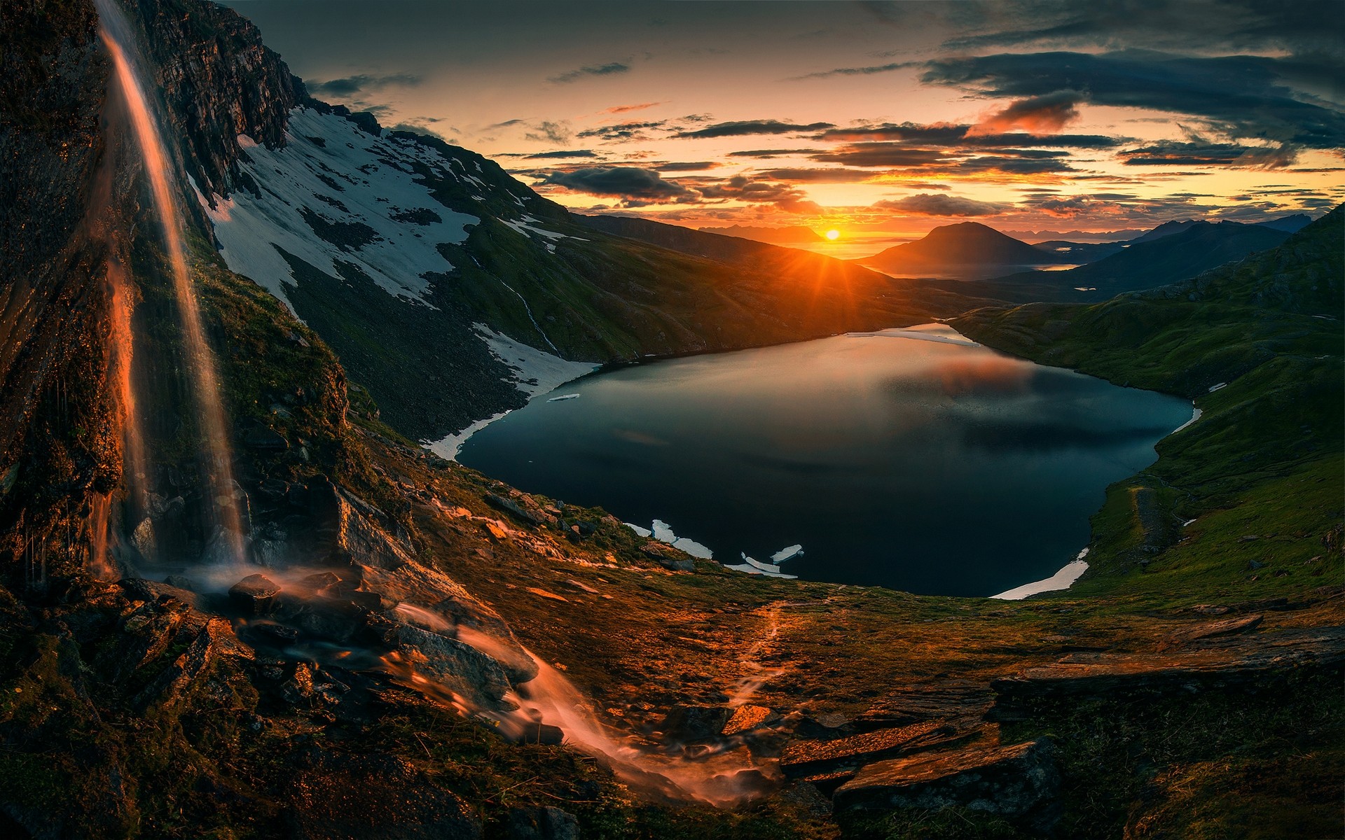 Nature Landscape Sunset Lake Waterfall Mountains Sky Clouds Grass Snow Max Rive Greenland Sunlight W 1920x1200