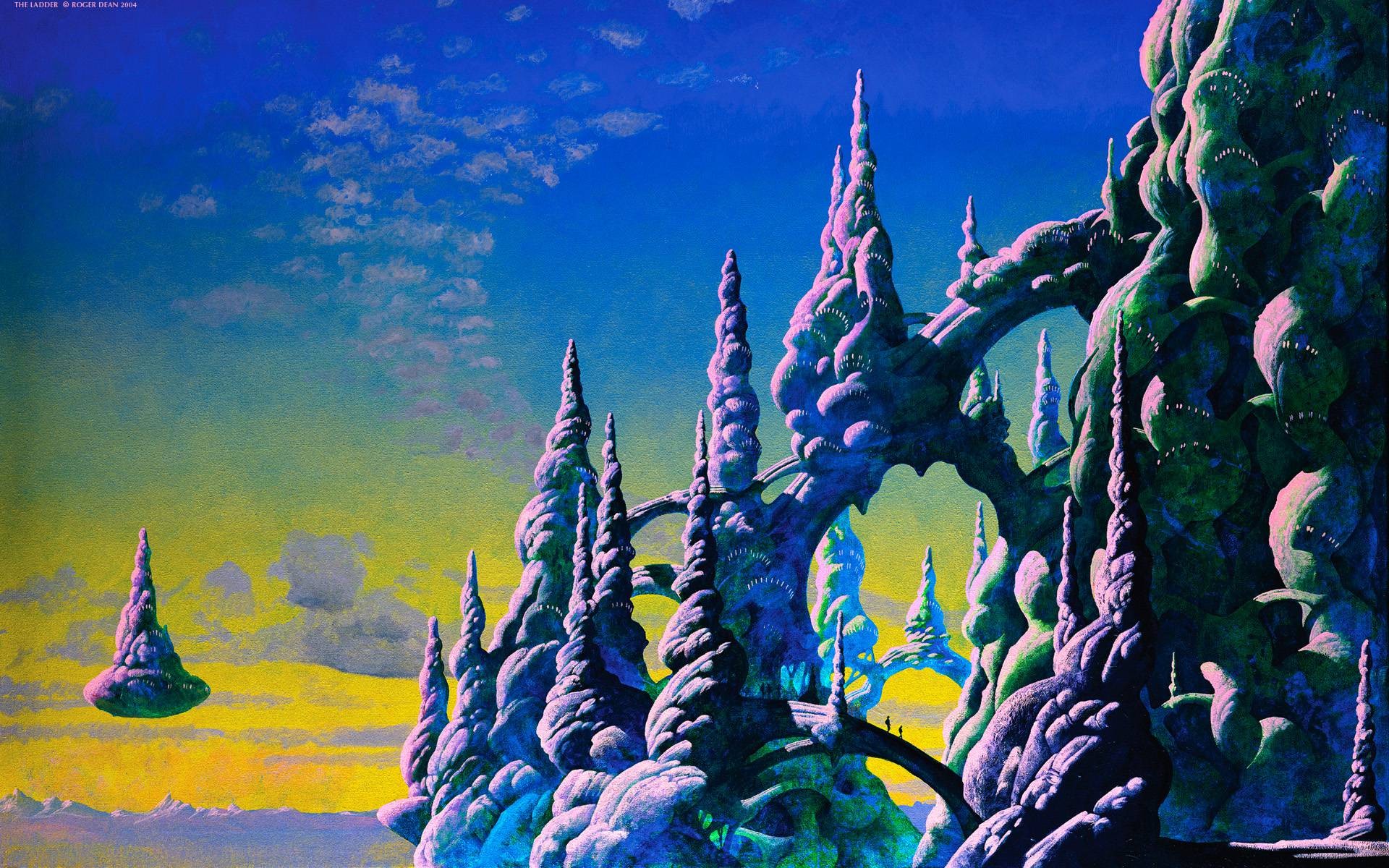 Fantasy Art Sky Clouds Floating Island Painting Artwork Bridge People Rock Silhouette Roger Dean 1920x1200